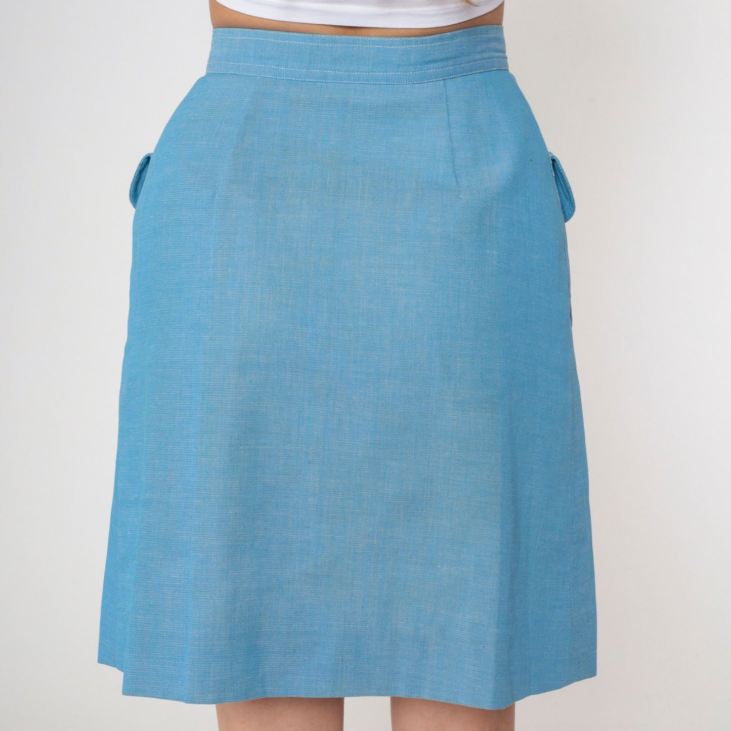 70s Blue Mini Skirt High Waist Button Front Patch Pockets Small