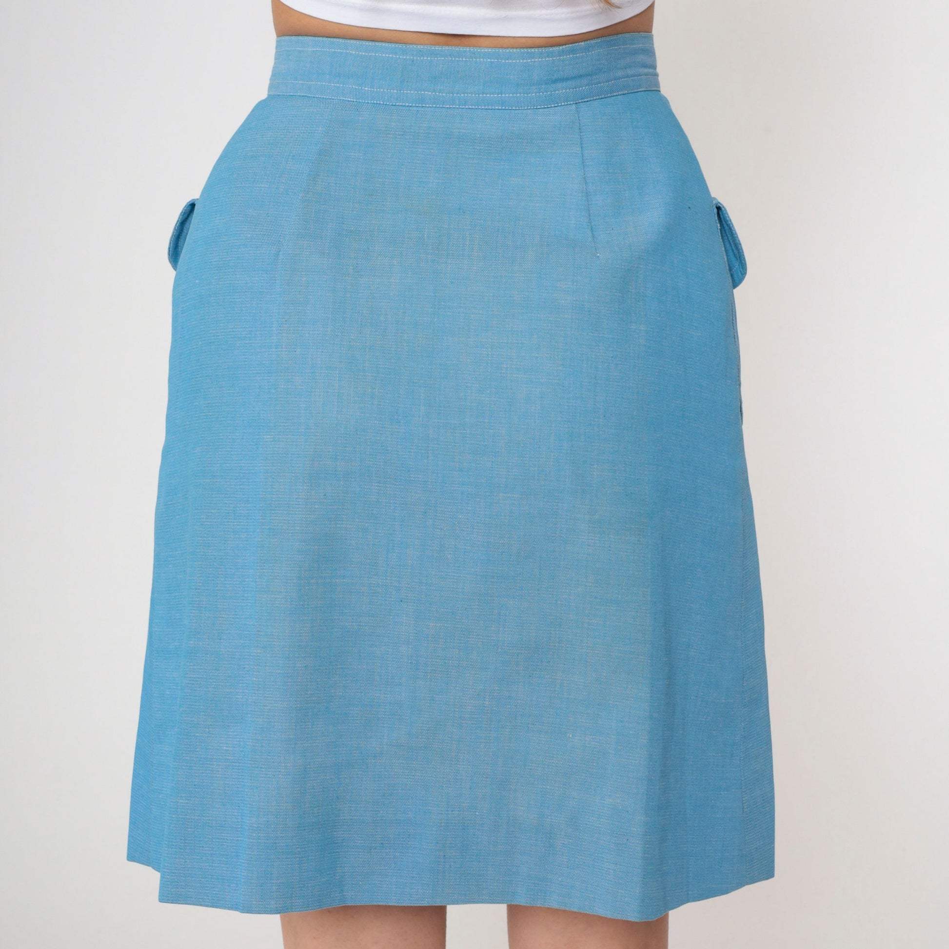 70s Blue Mini Skirt High Waist Button Front Patch Pockets Small