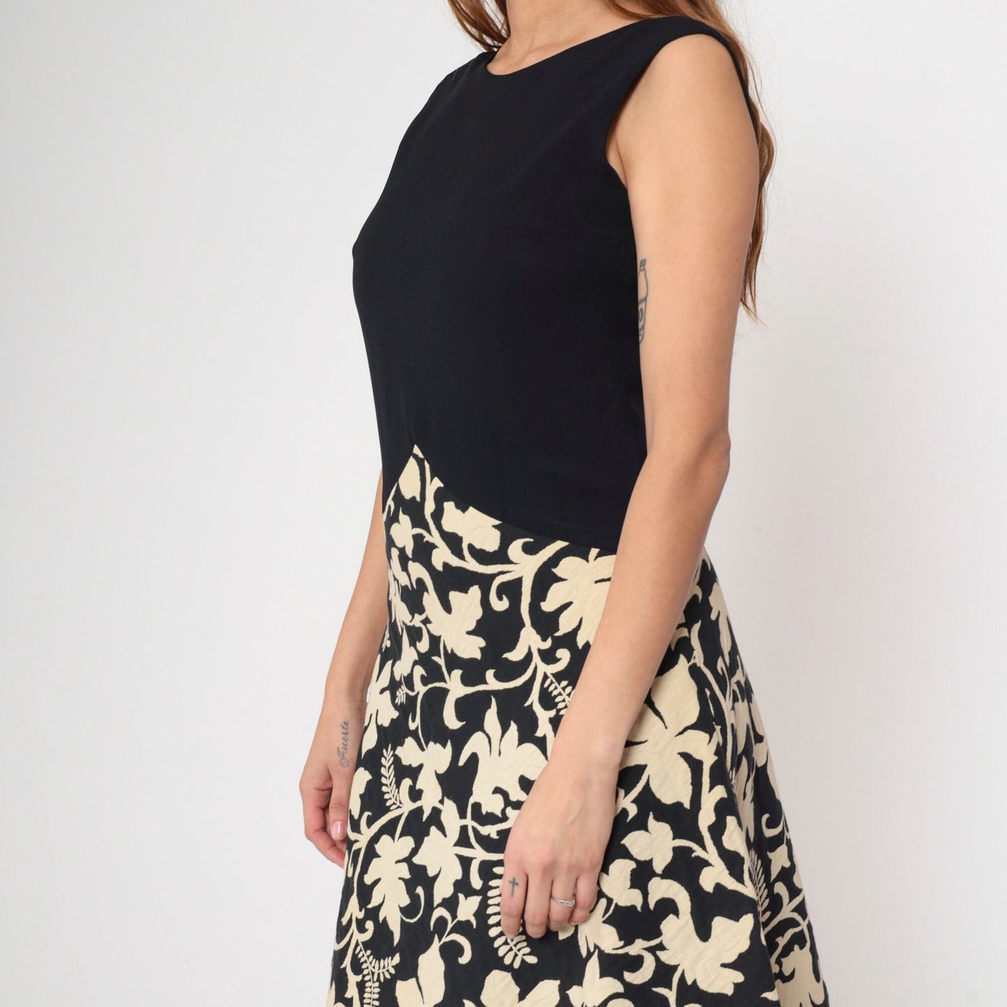 1960s Robinson's California Black Cream Floral Fit and Flare Dress V-Back Medium