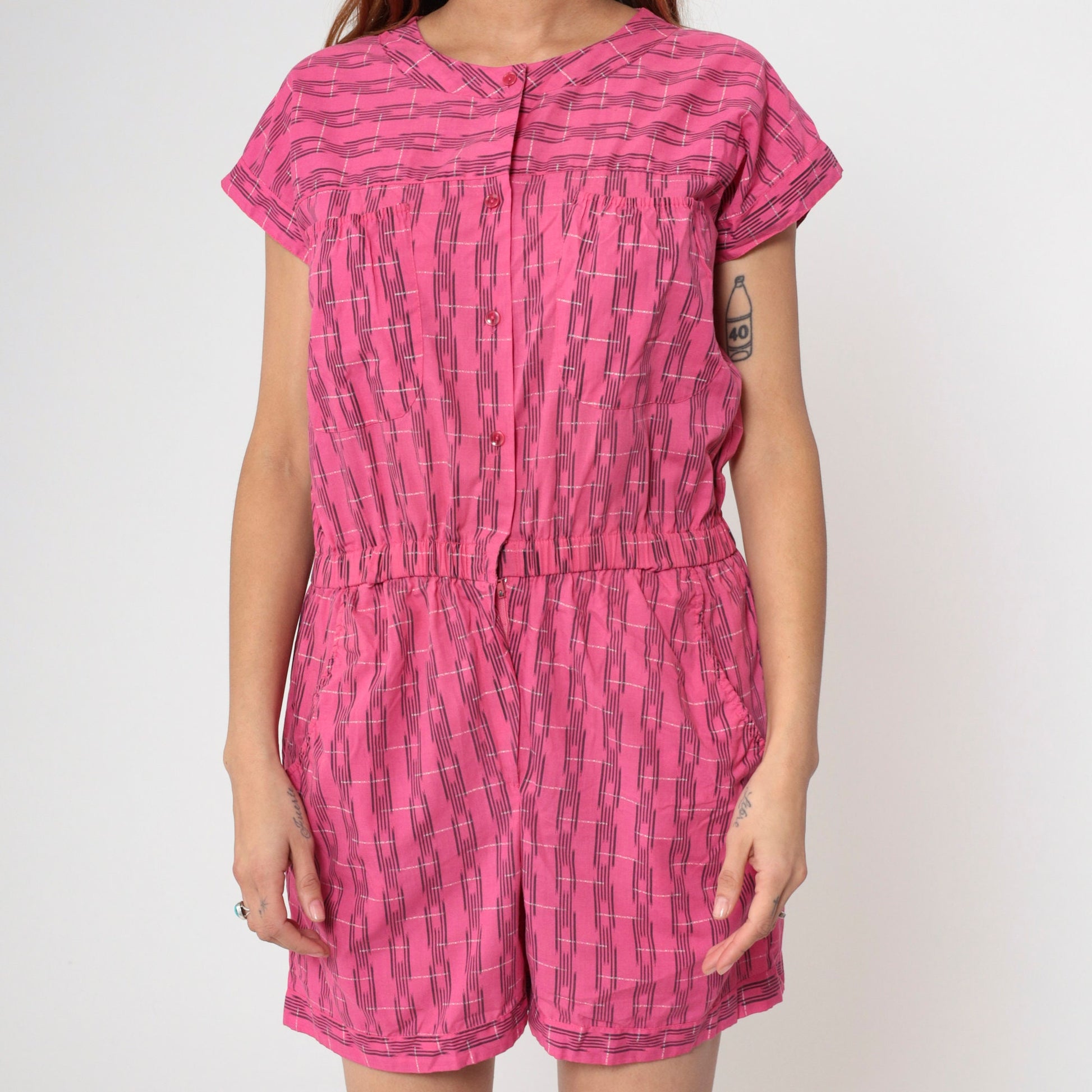 80s Bentley Pink Plaid Romper Button Front Short Sleeve Medium Large