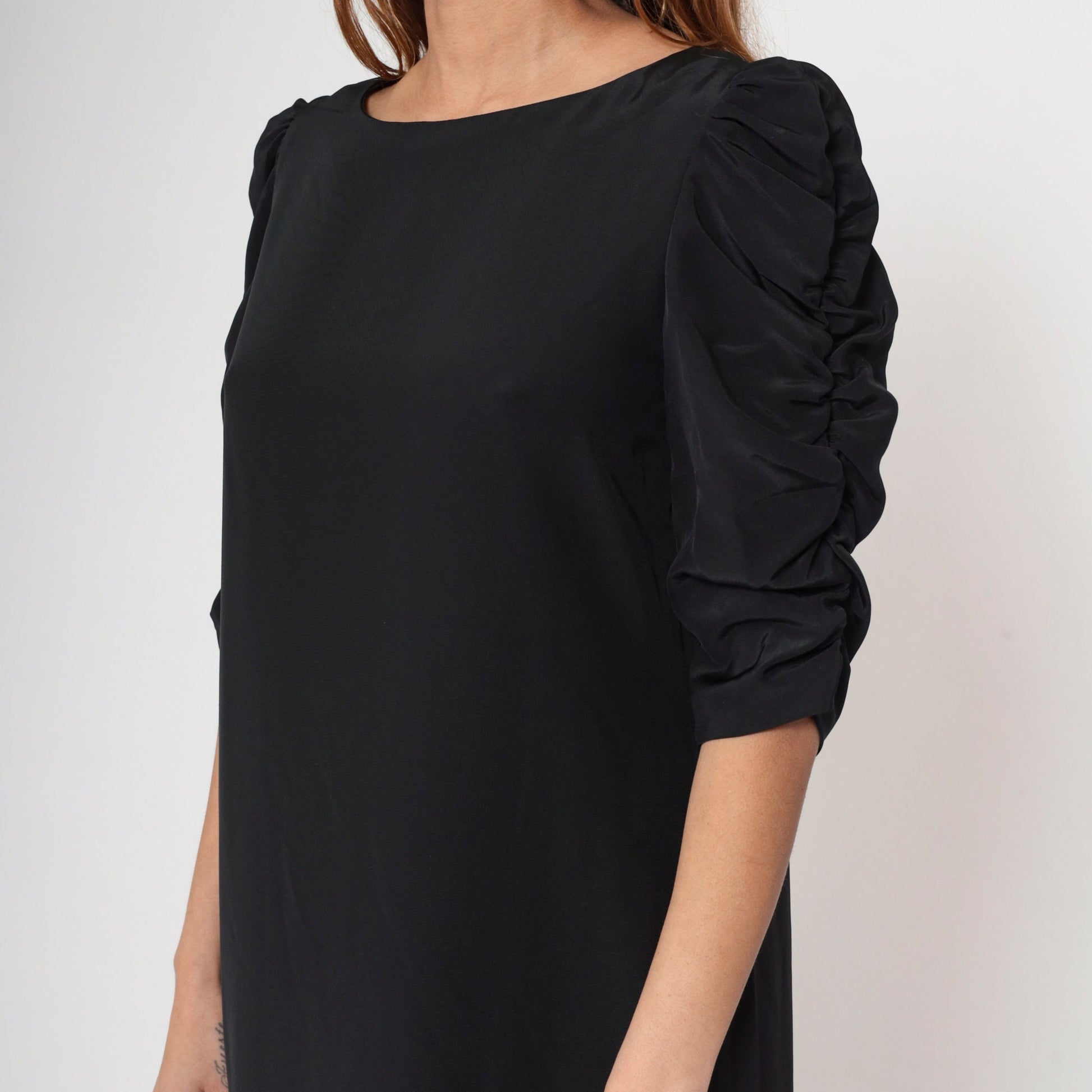 80s Black Puff Sleeve Shift Dress Midi Ruched Boatneck Medium