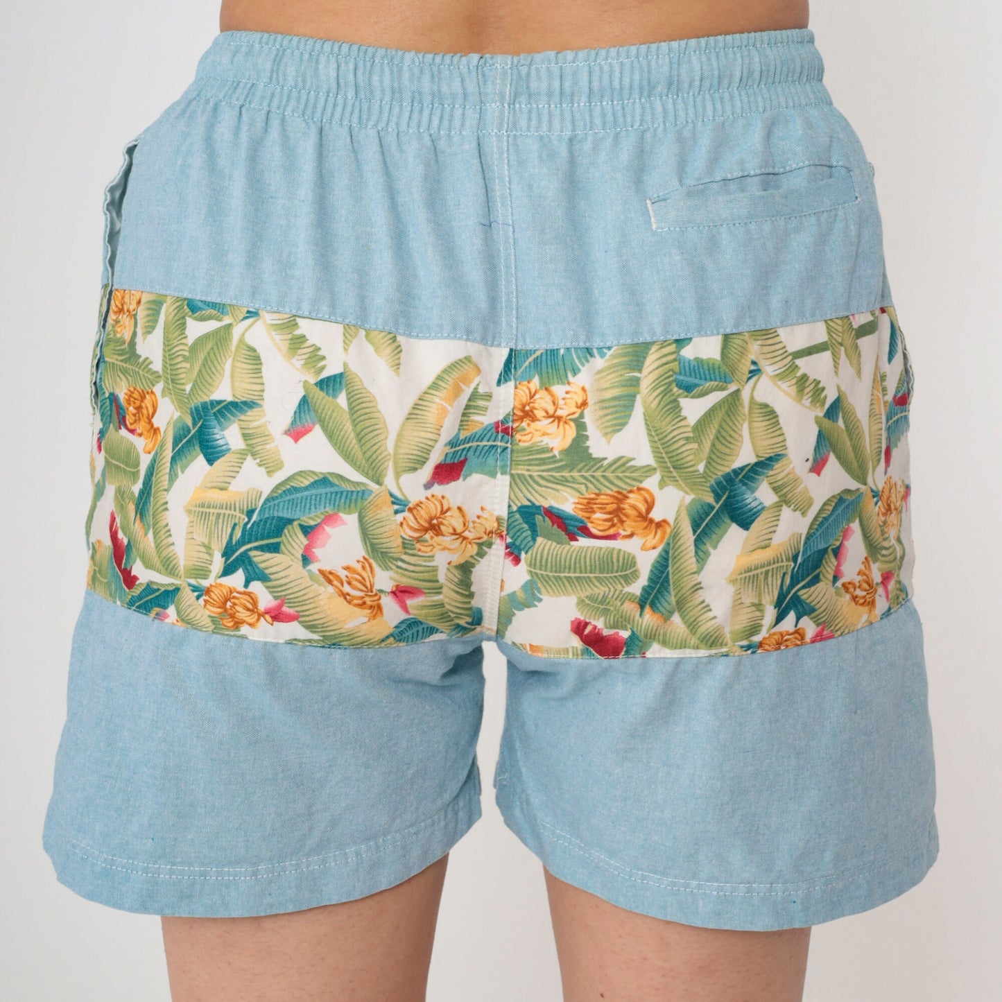 Y2K Tropical Banana Leaf Beach Shorts Blue Chambray Drawstring Small