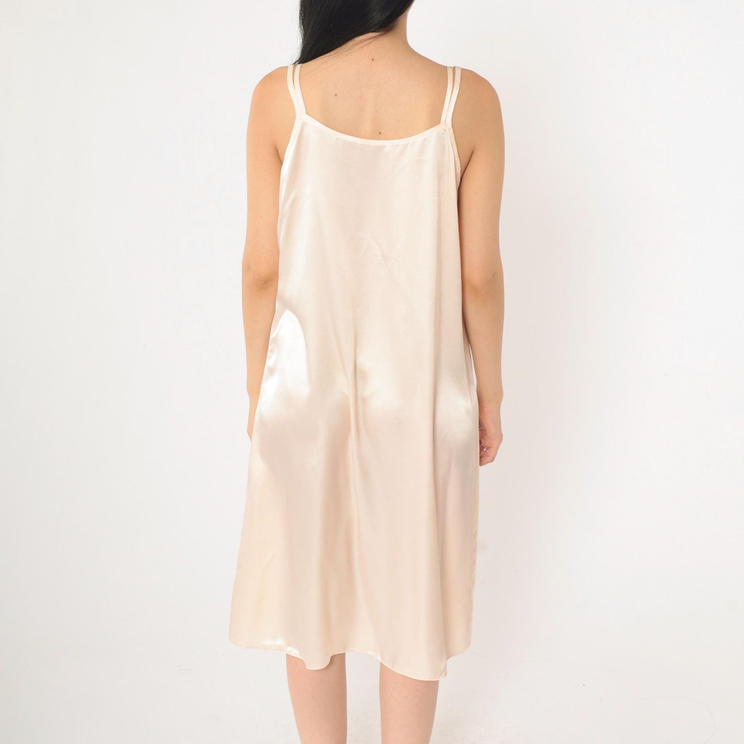 90s Floral Embroidered Slip Dress Pale Pink Satin Midi Chemise Medium