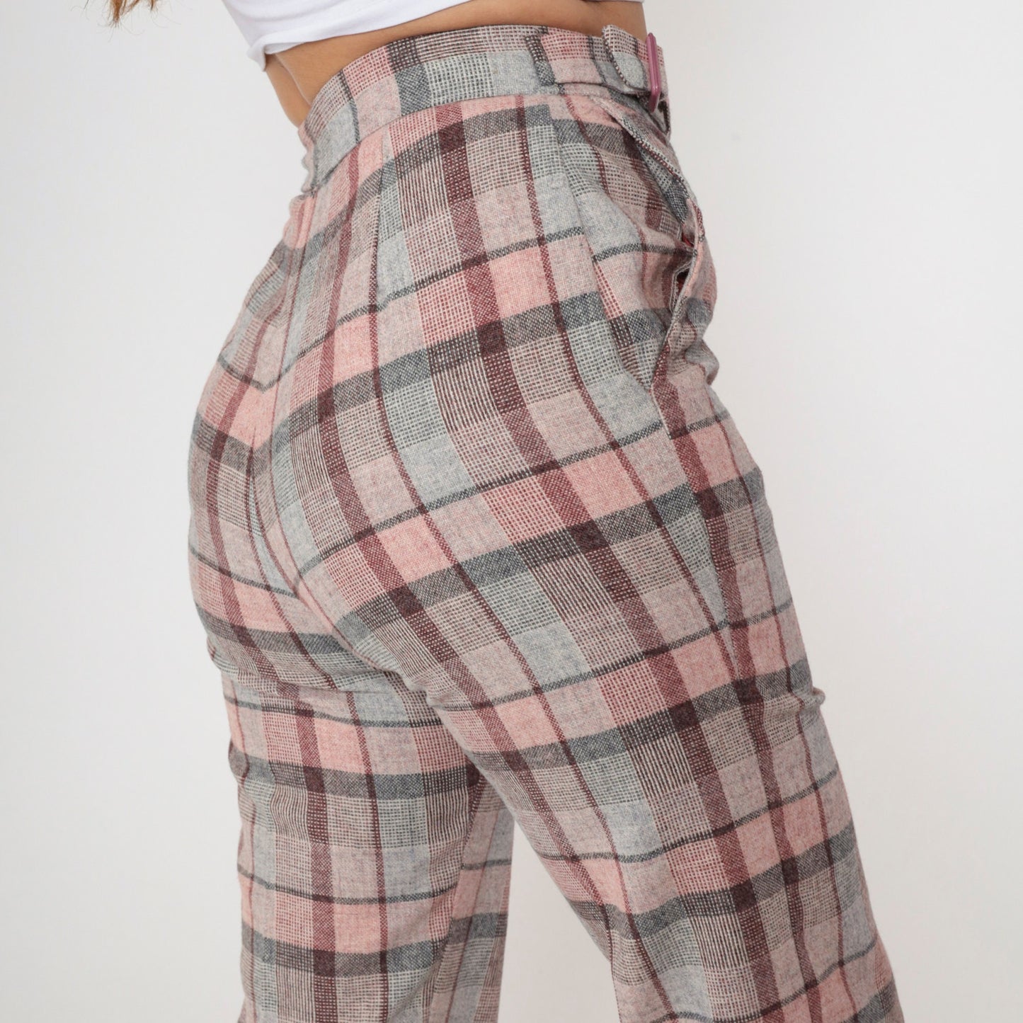 70s The Limited Plaid High-Waisted Trousers Pink Grey Wool Blend Small