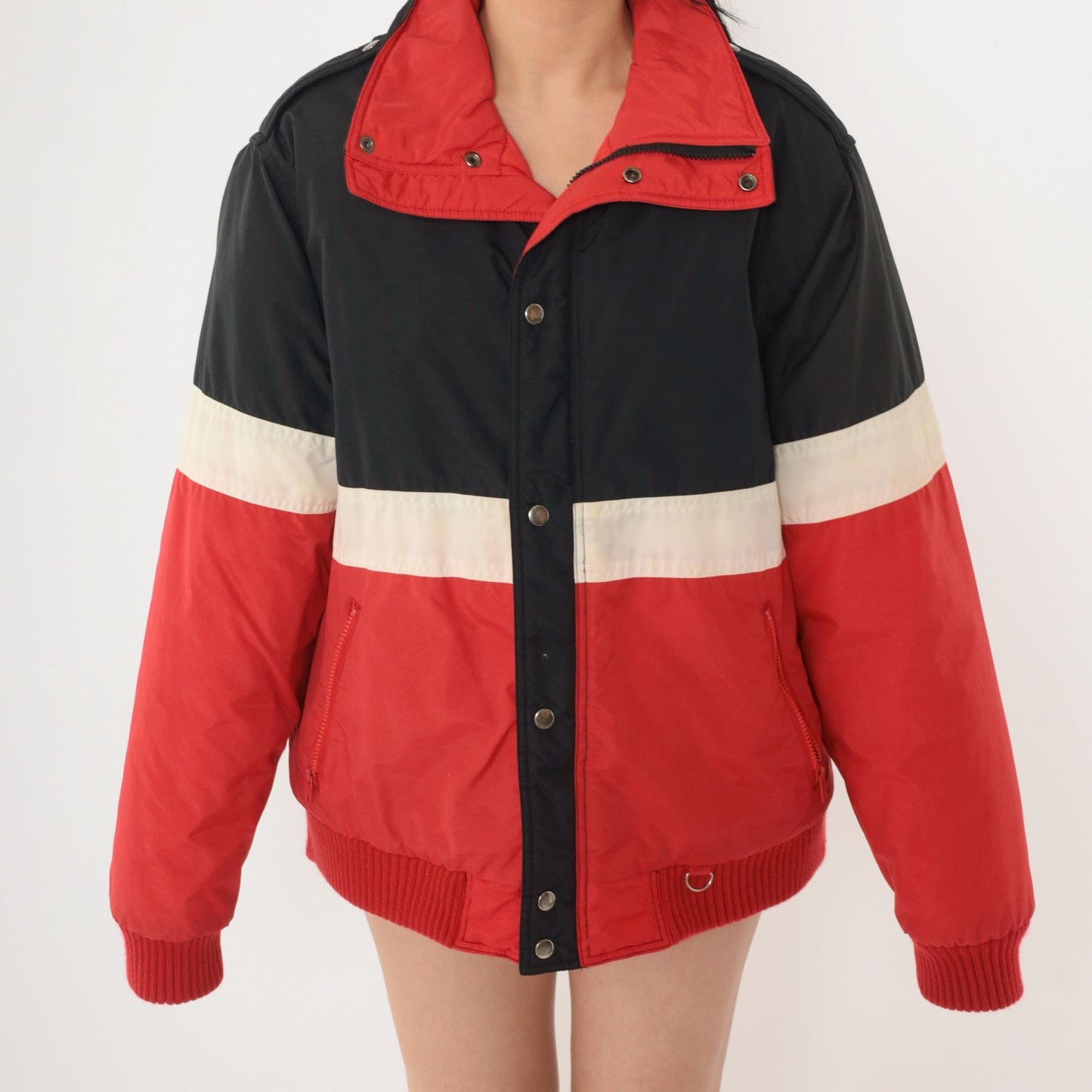 80s Color Block Puffer Ski Jacket Red Black White Nylon Large