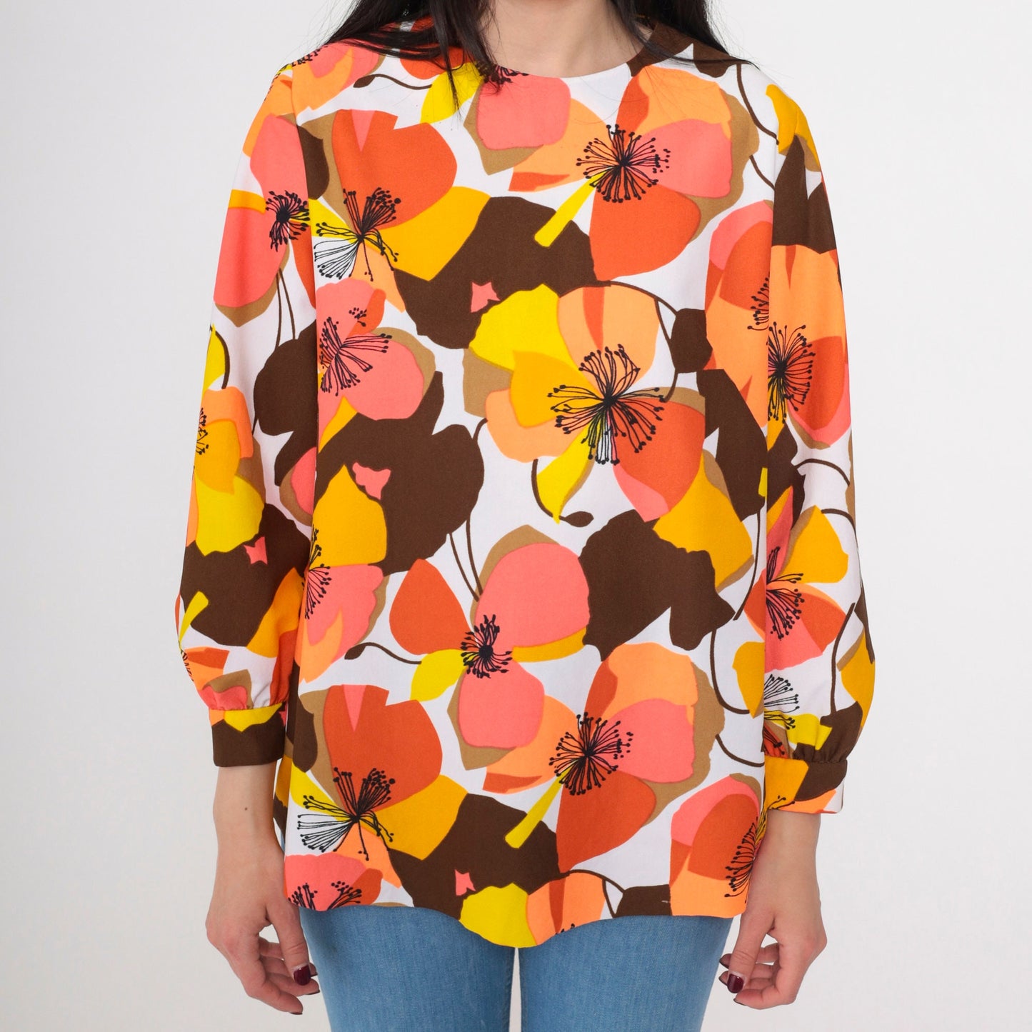 70s Floral Blouse Bright Tropical Coral Orange Long Sleeve Round Neck Medium