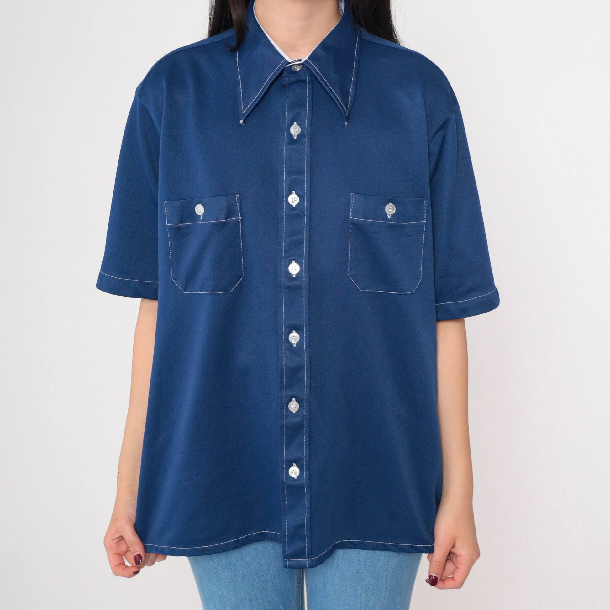 70s Arrow Doubler Navy Oxford Button-Up Shirt Dagger Collar Short Sleeve Large