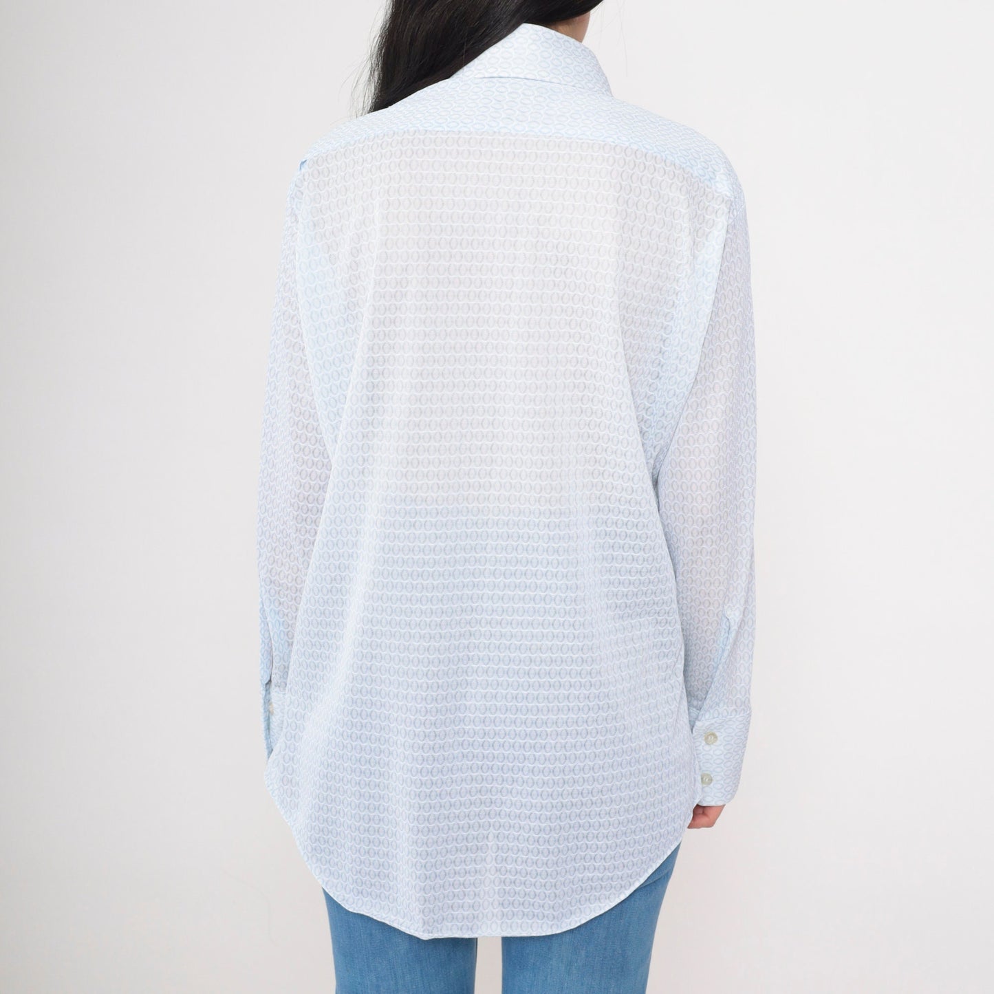 70s Sears Geometric Print Button Up Shirt White Blue Dagger Collar Large