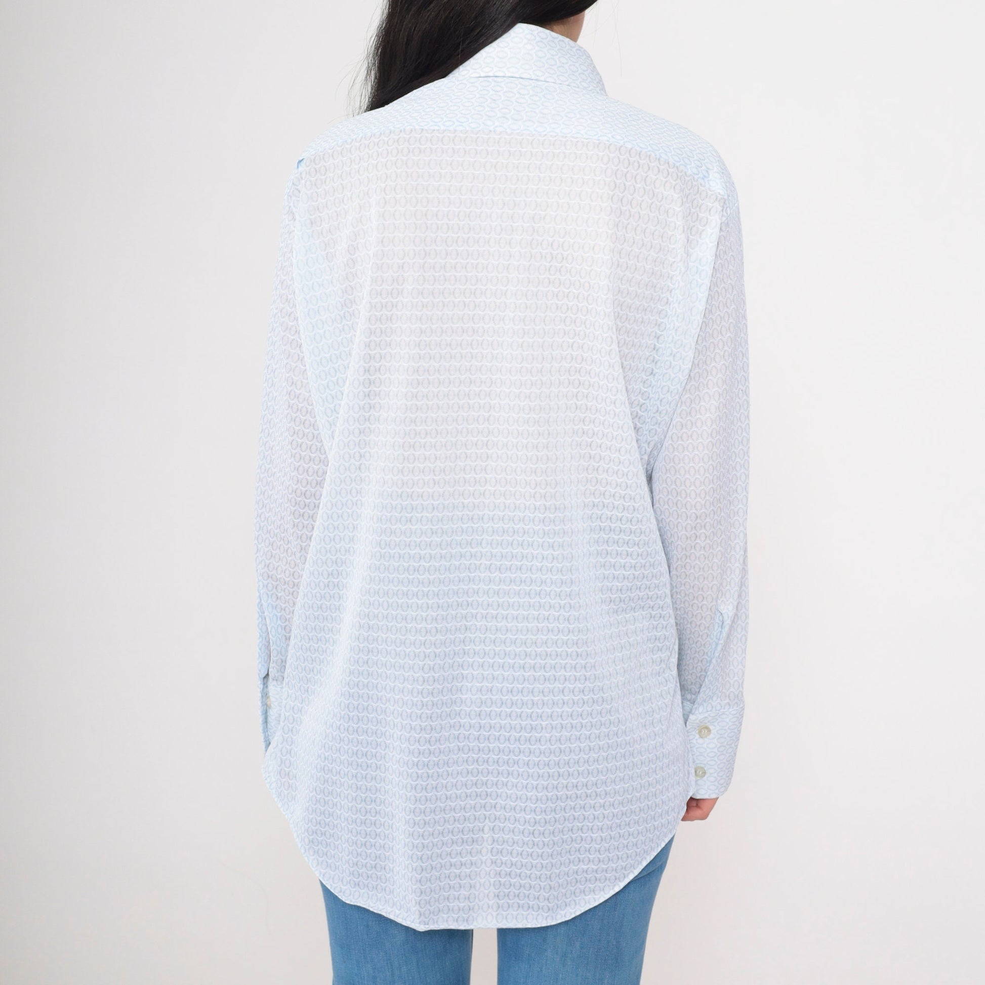 70s Sears Geometric Print Button Up Shirt White Blue Dagger Collar Large