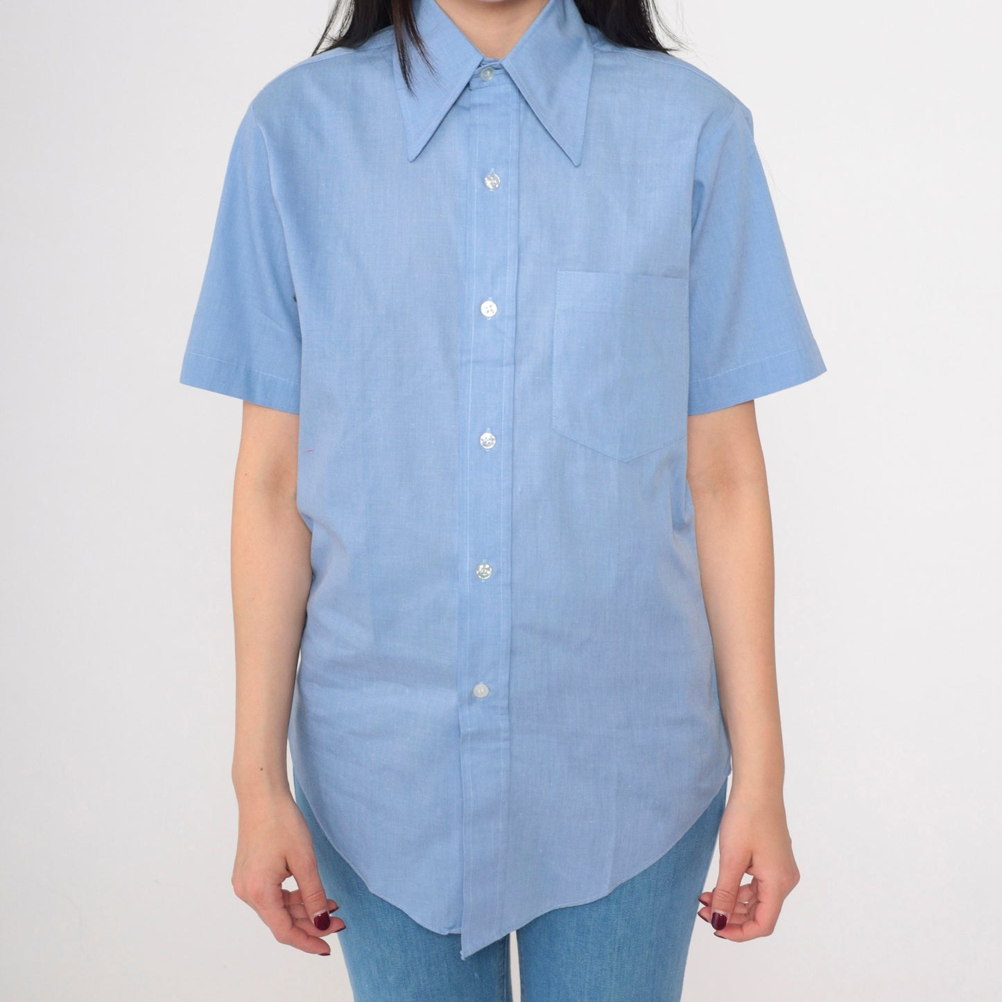 70s Fleetline Chambray Button-Up Shirt Blue Dagger Collar Short Sleeve Small