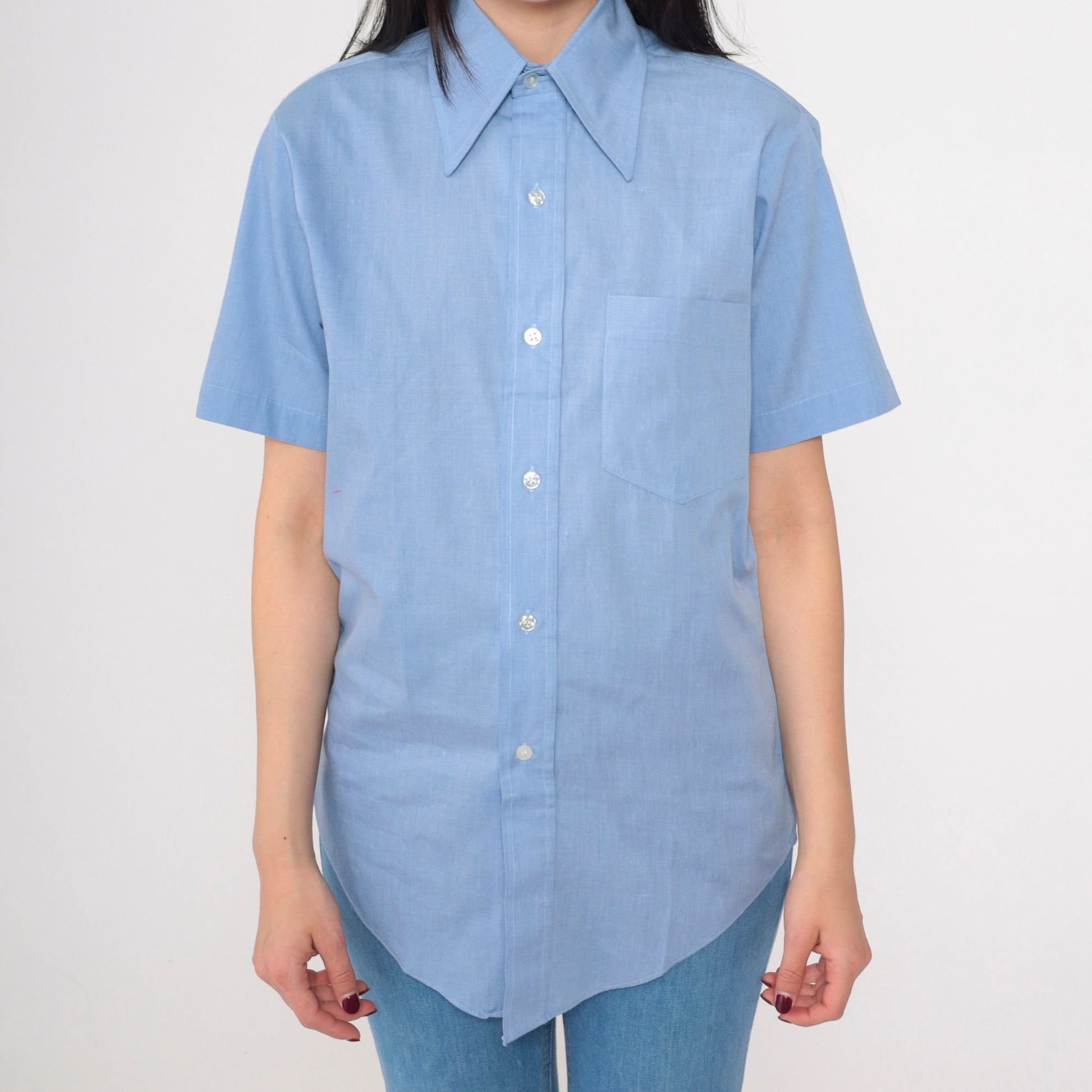 70s Fleetline Chambray Button-Up Shirt Blue Dagger Collar Short Sleeve Small