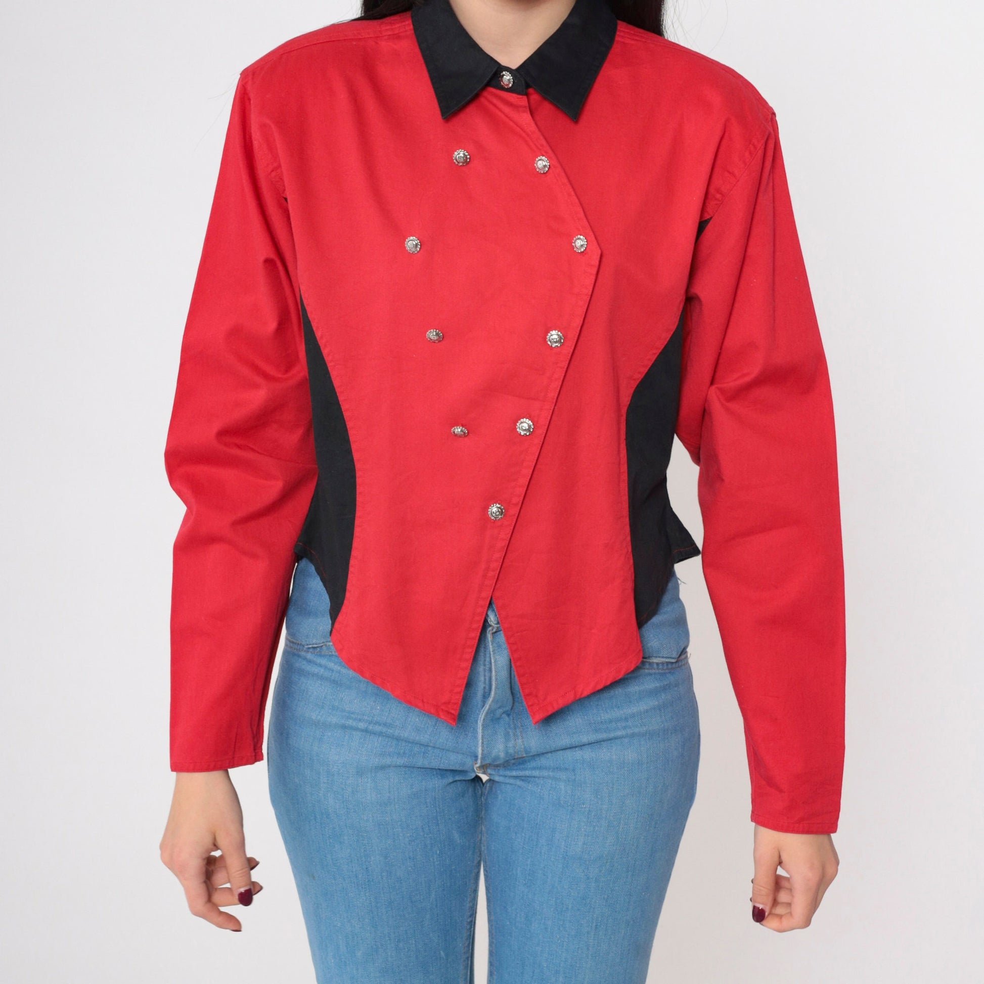 Y2K Wrangler Silver Lake Color Block Western Shirt Red Black Cotton Large