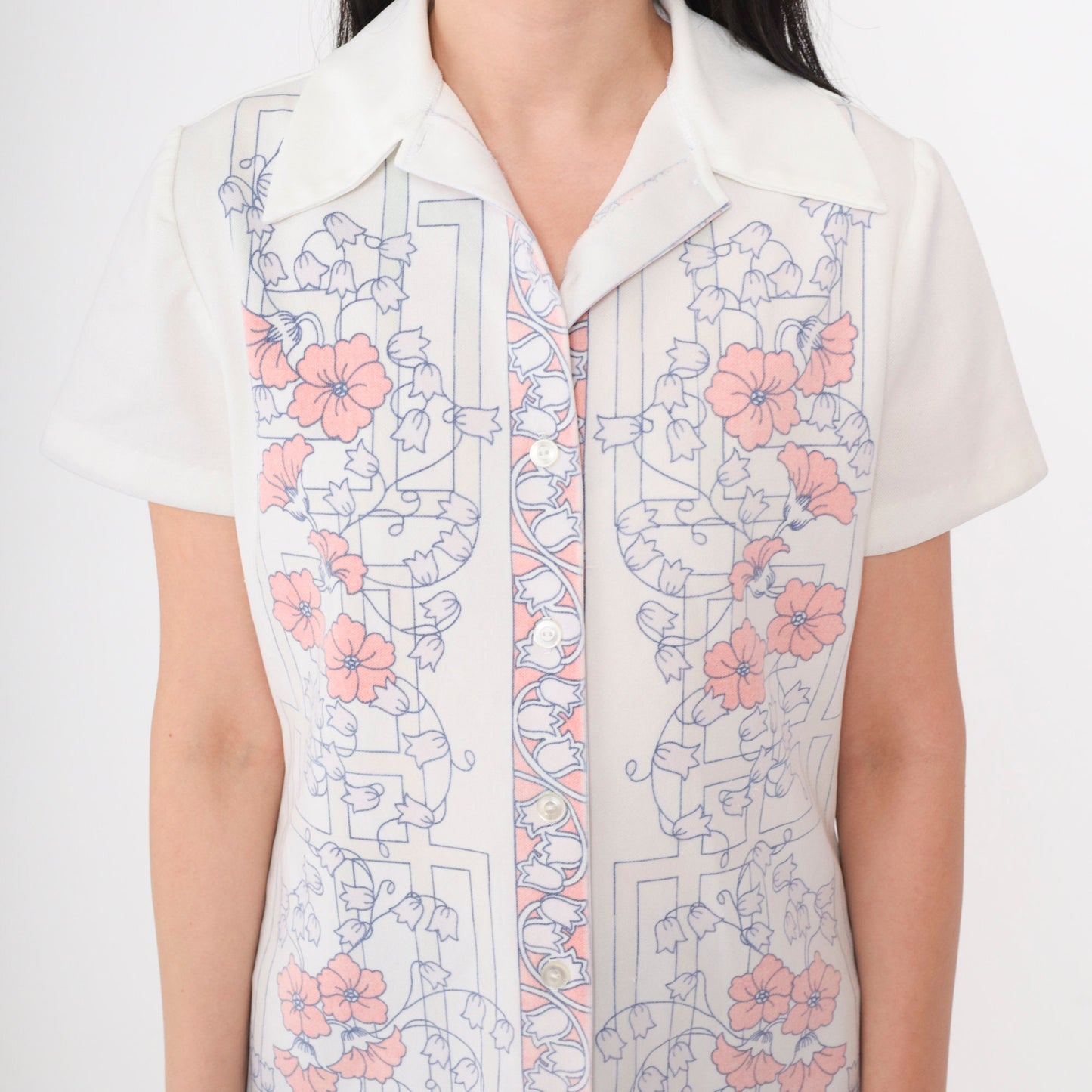 70s Floral Button-Up Blouse White Dagger Collar Short Sleeve Medium