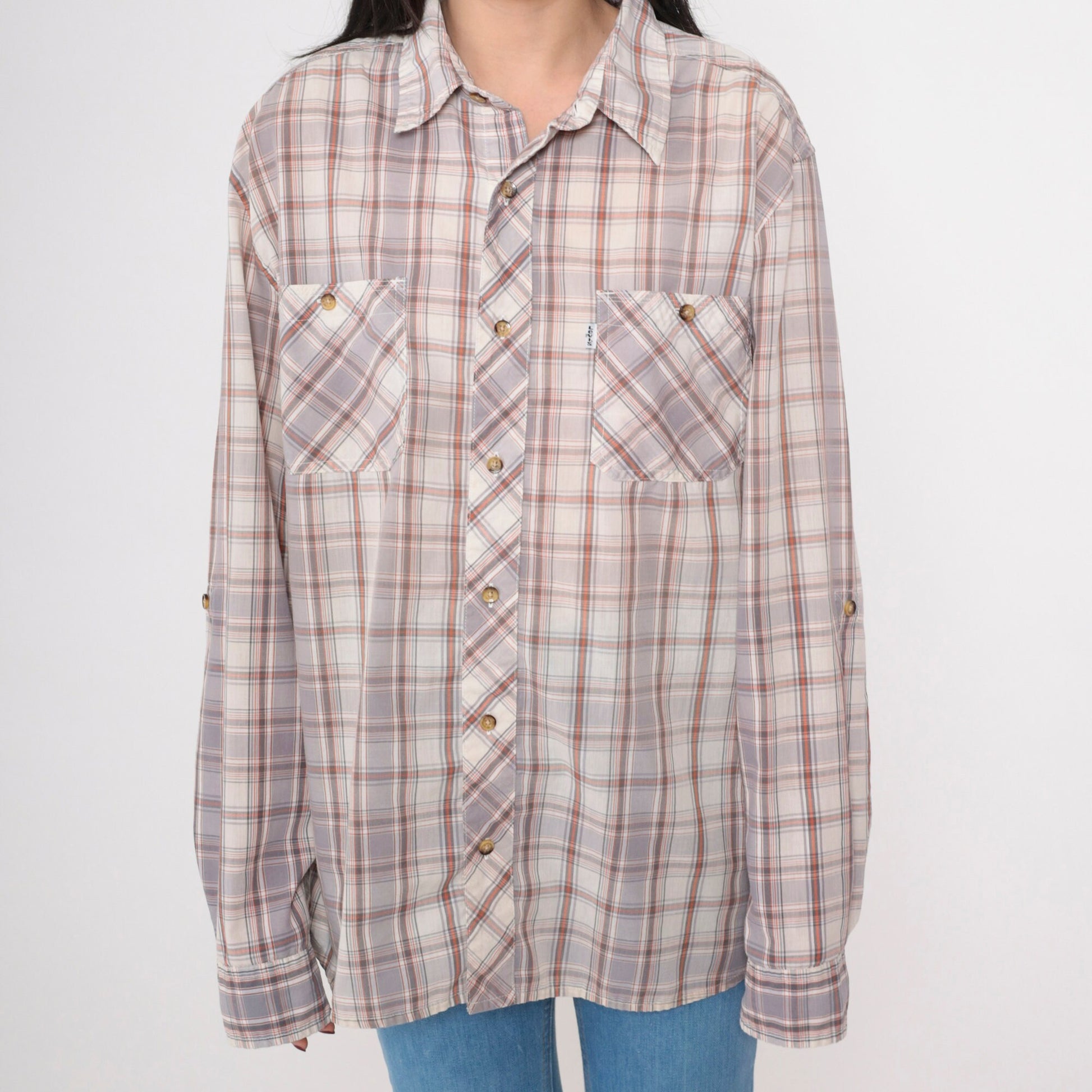 Y2K Levi's Plaid Button-Up Shirt Grey Orange Off-White Tartan Roll Tab Sleeve Large