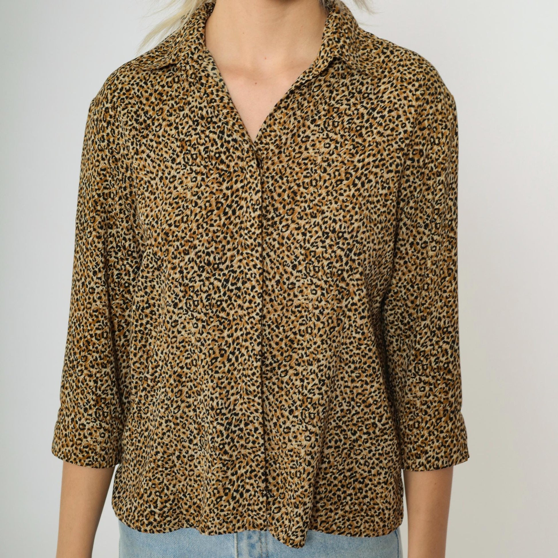 90s Leopard Print Button Up Blouse 3/4 Sleeve Shirt Small Medium