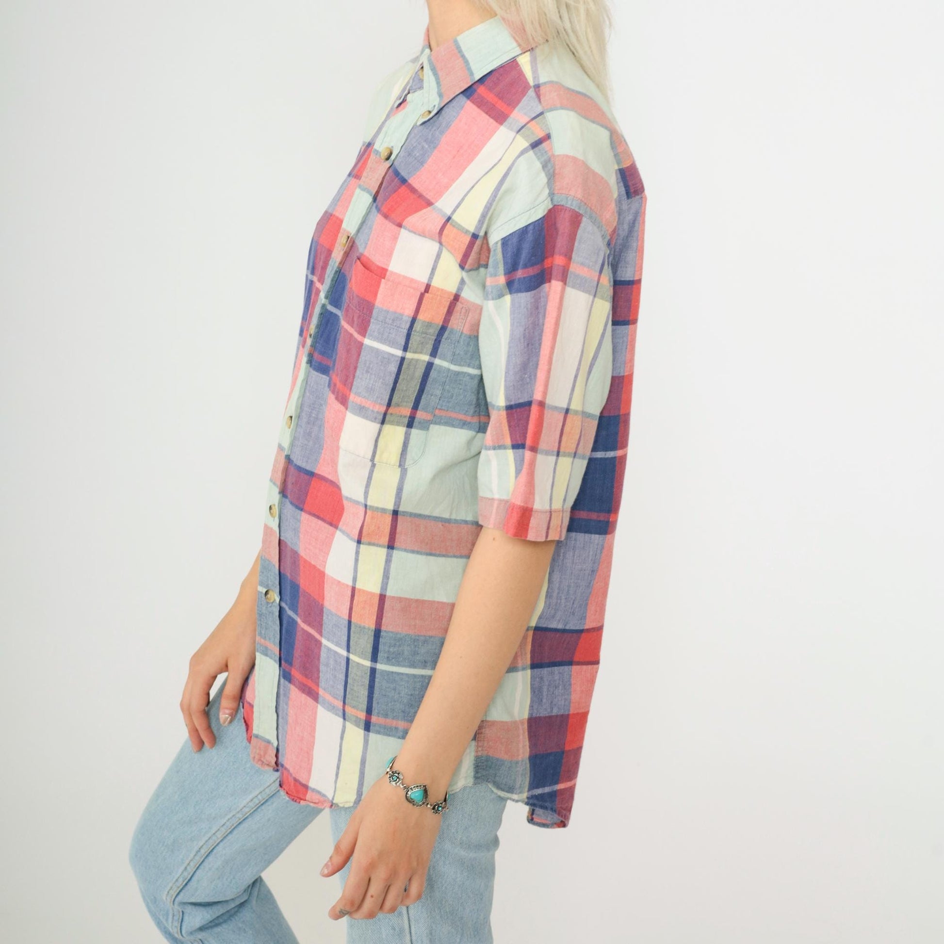 90s Lands End Plaid Button Up Shirt Blue Red Check Short Sleeve Medium
