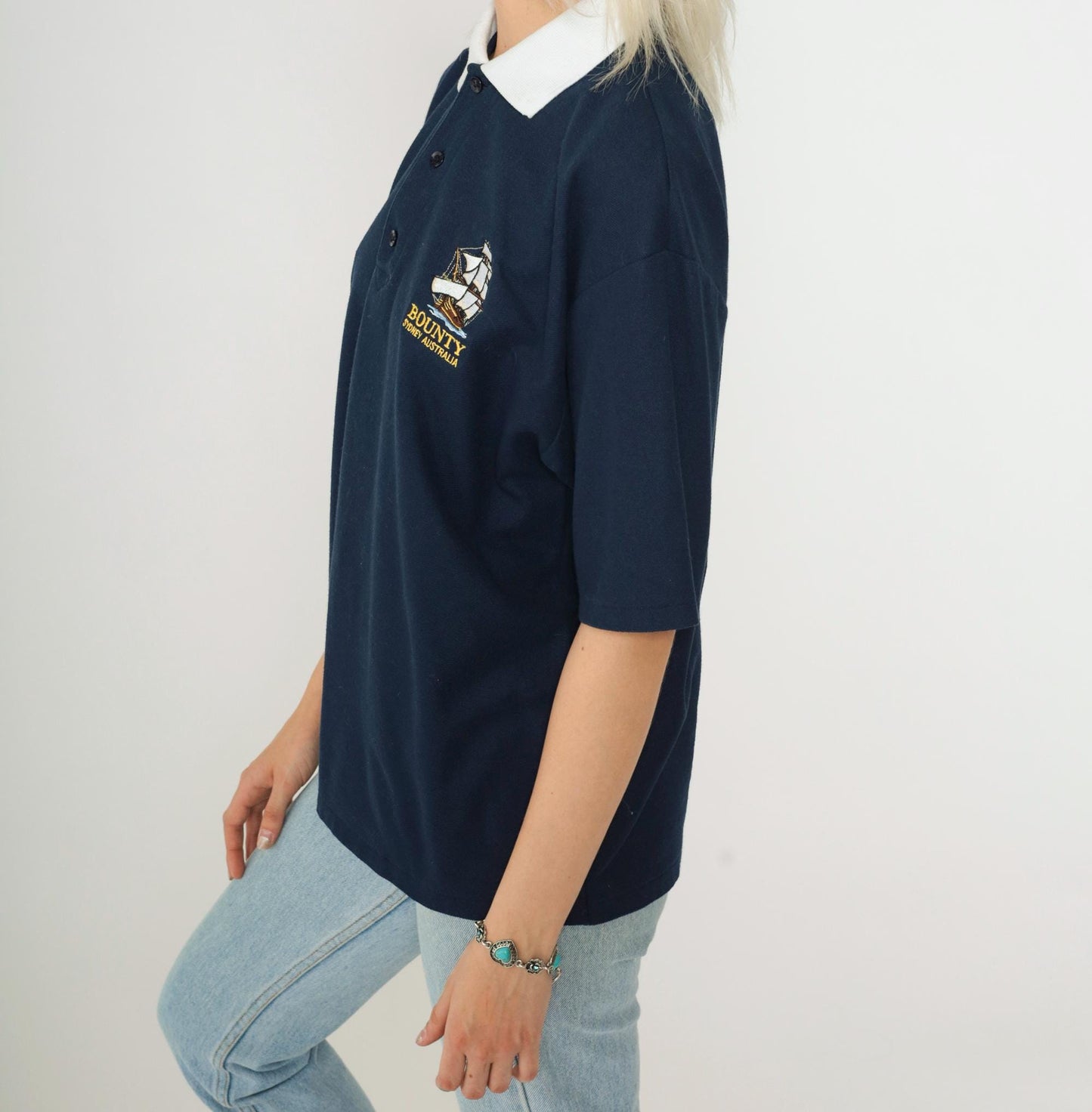 90s Bounty Cruises Sydney Polo Shirt Navy Blue Sailboat Graphic Medium