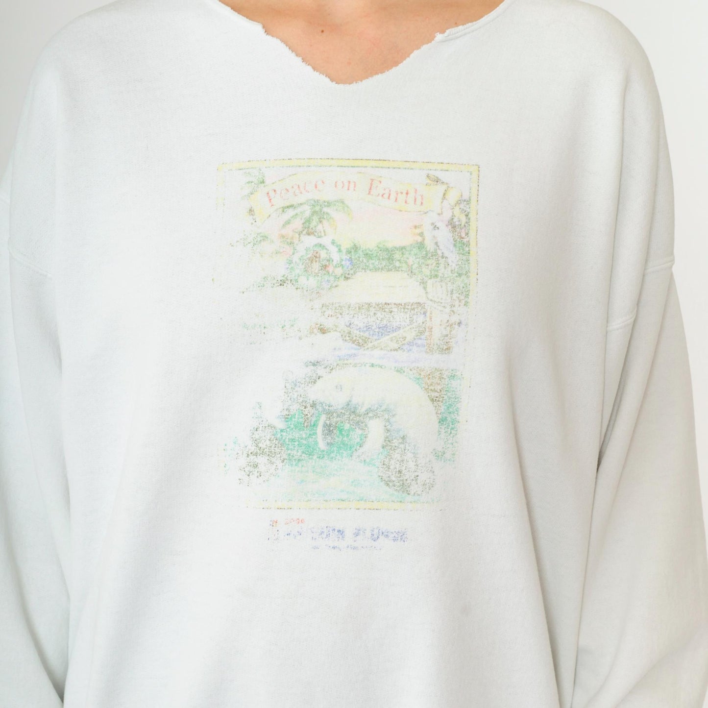 90s Peace on Earth Manatee Beach Christmas Sweatshirt White Cutoff Medium