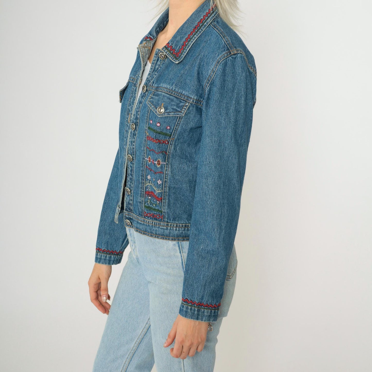 00s New Identity Denim Jacket Geometric Embroidery Blue Jean Jacket Small