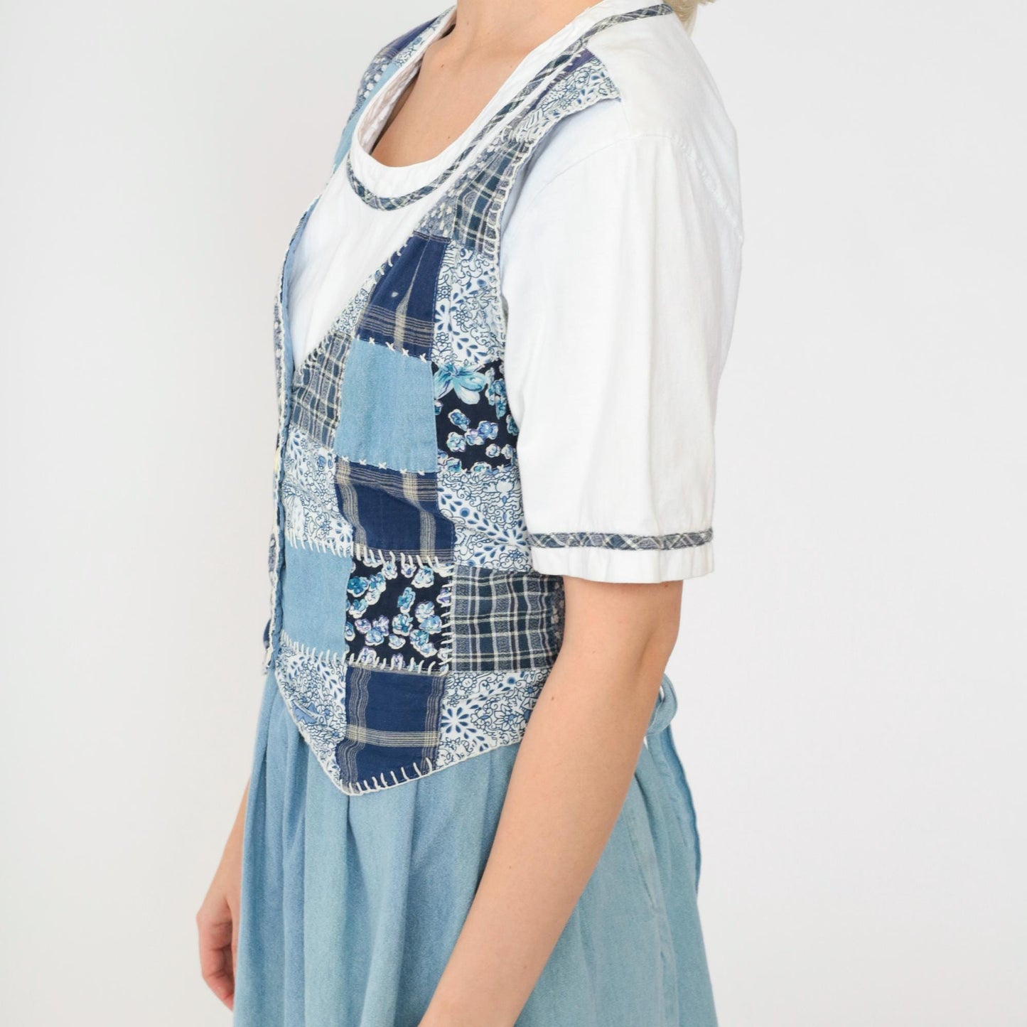 90s Patchwork Denim Midi Dress Floral Checkered Attached Vest Button Up Medium