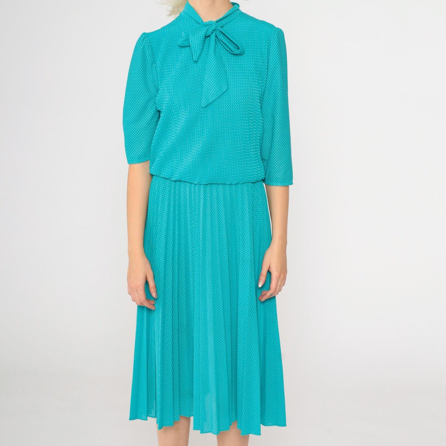 70s Turquoise Polka Dot Midi Dress Ascot Bow High Waist Pleated Small Medium