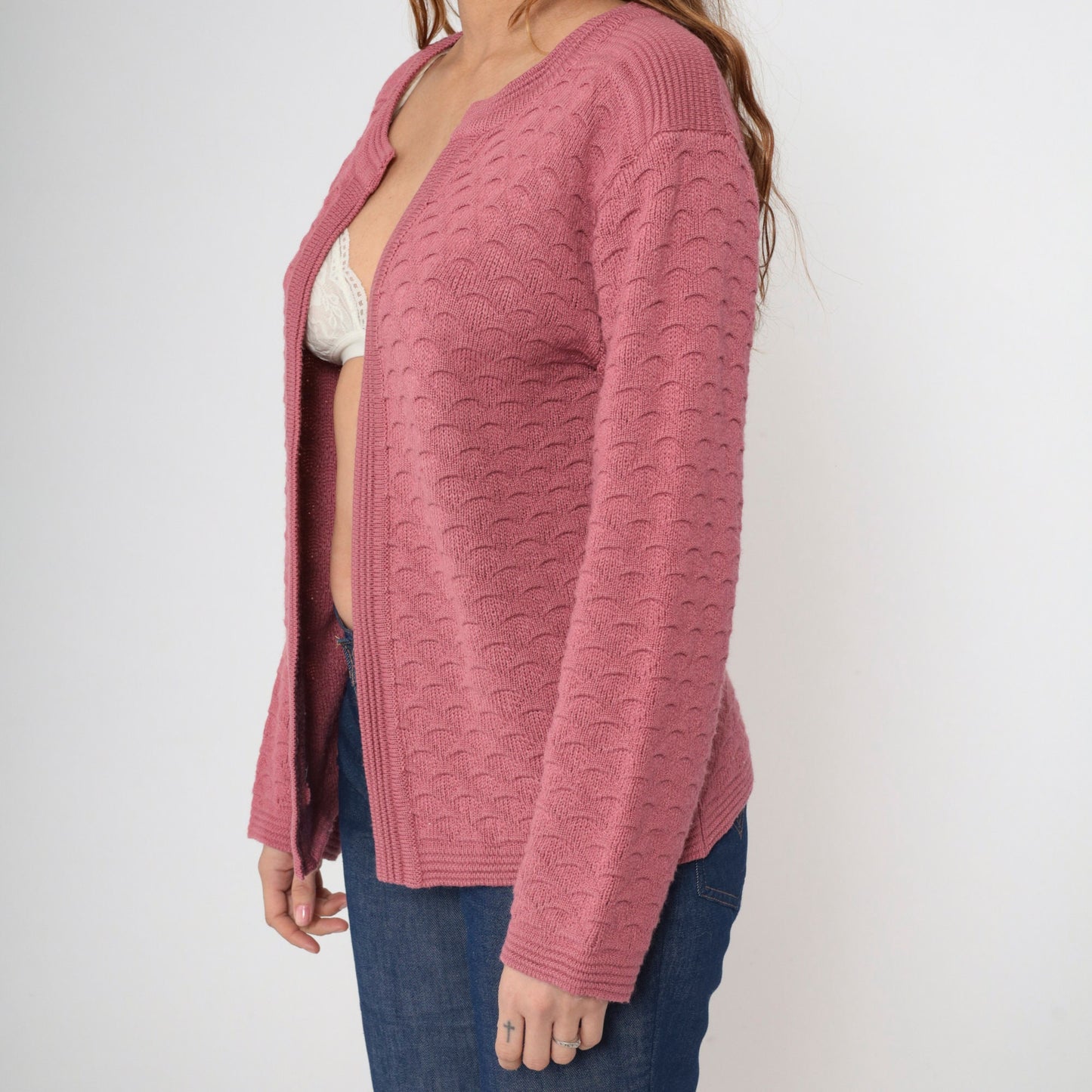 70s Pink Textured Knit Cardigan Open Front Long Sleeve Medium