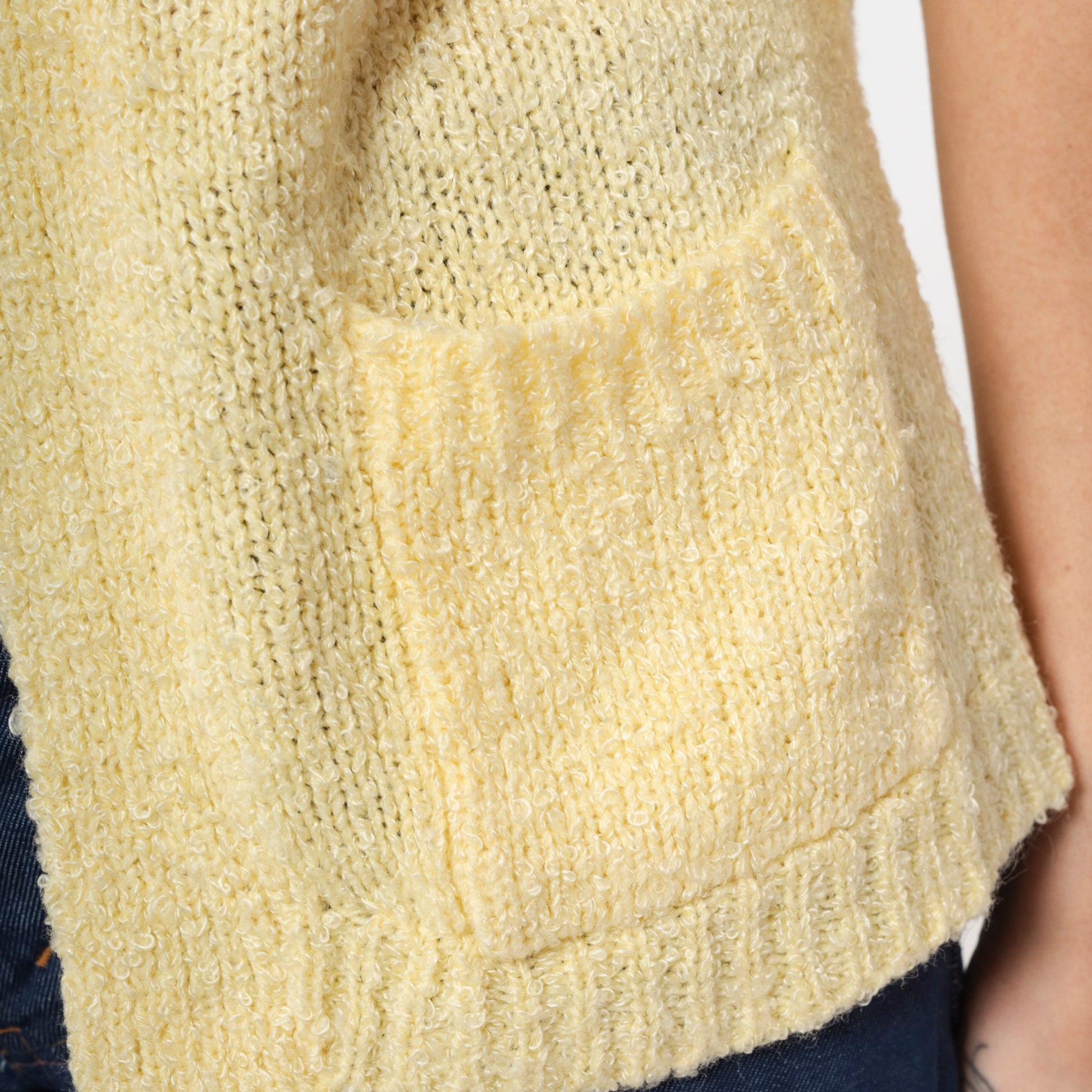 70s Le Chois Yellow Bouclé Cardigan Short Sleeve Open Front Knit Medium