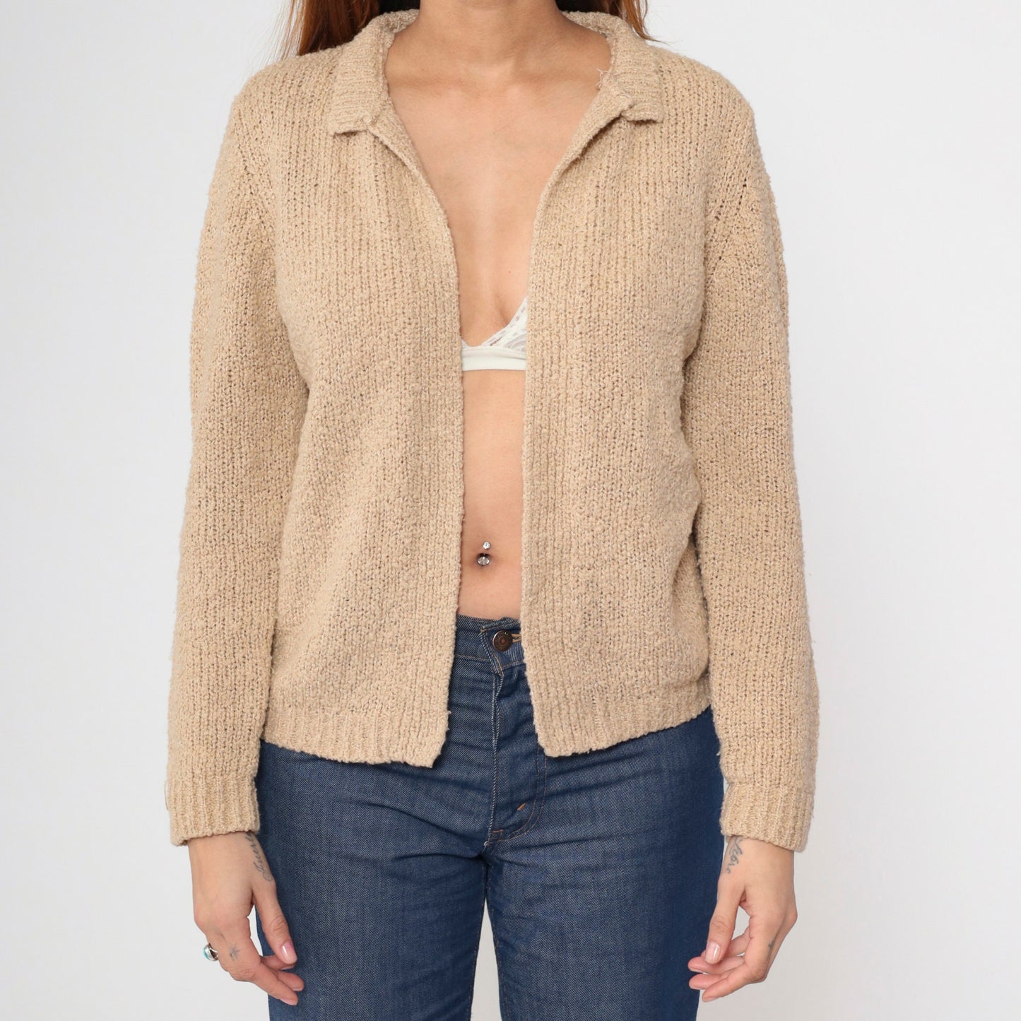 70s Tan Cardigan Open Front Wrap Sweater Medium