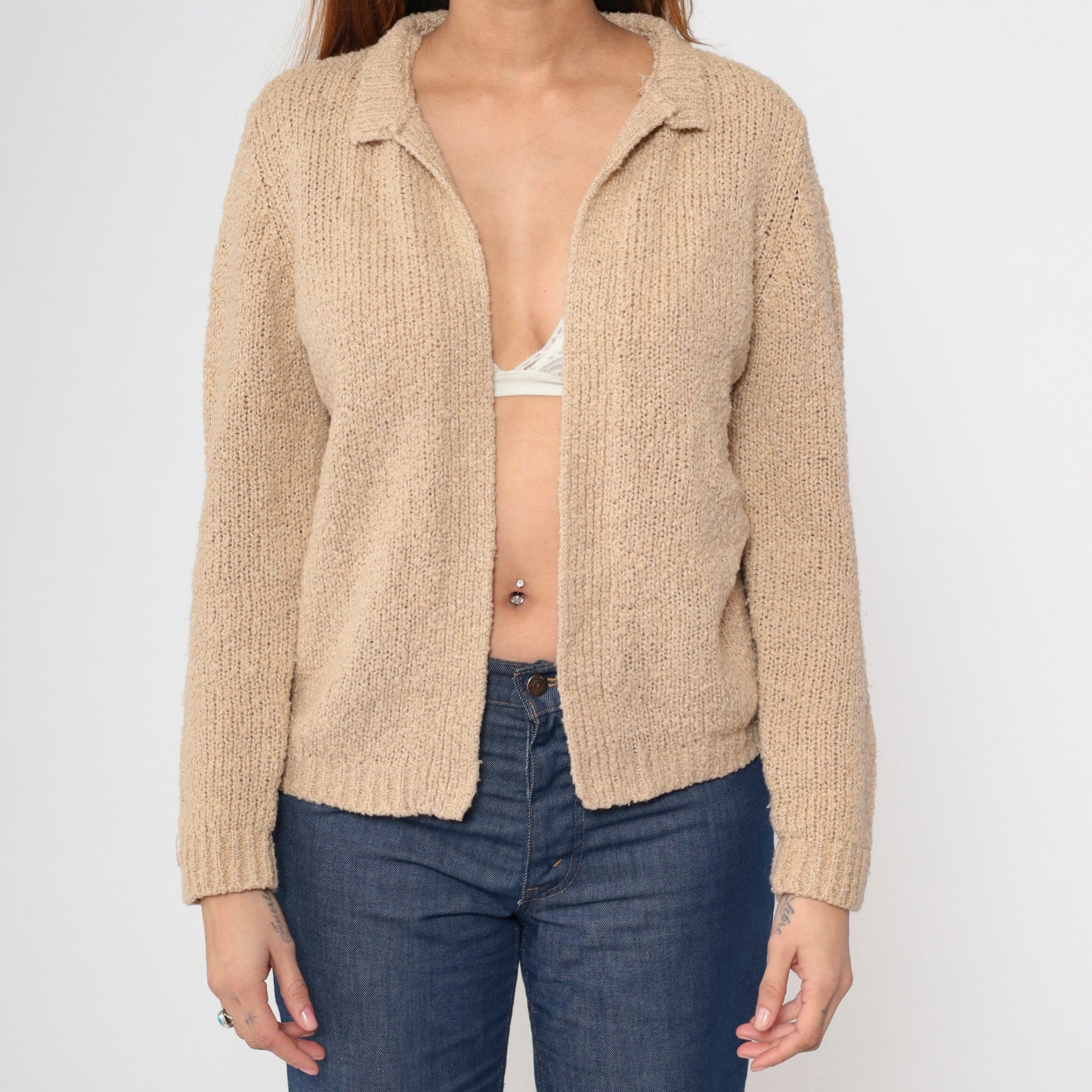 70s Tan Cardigan Open Front Wrap Sweater Medium