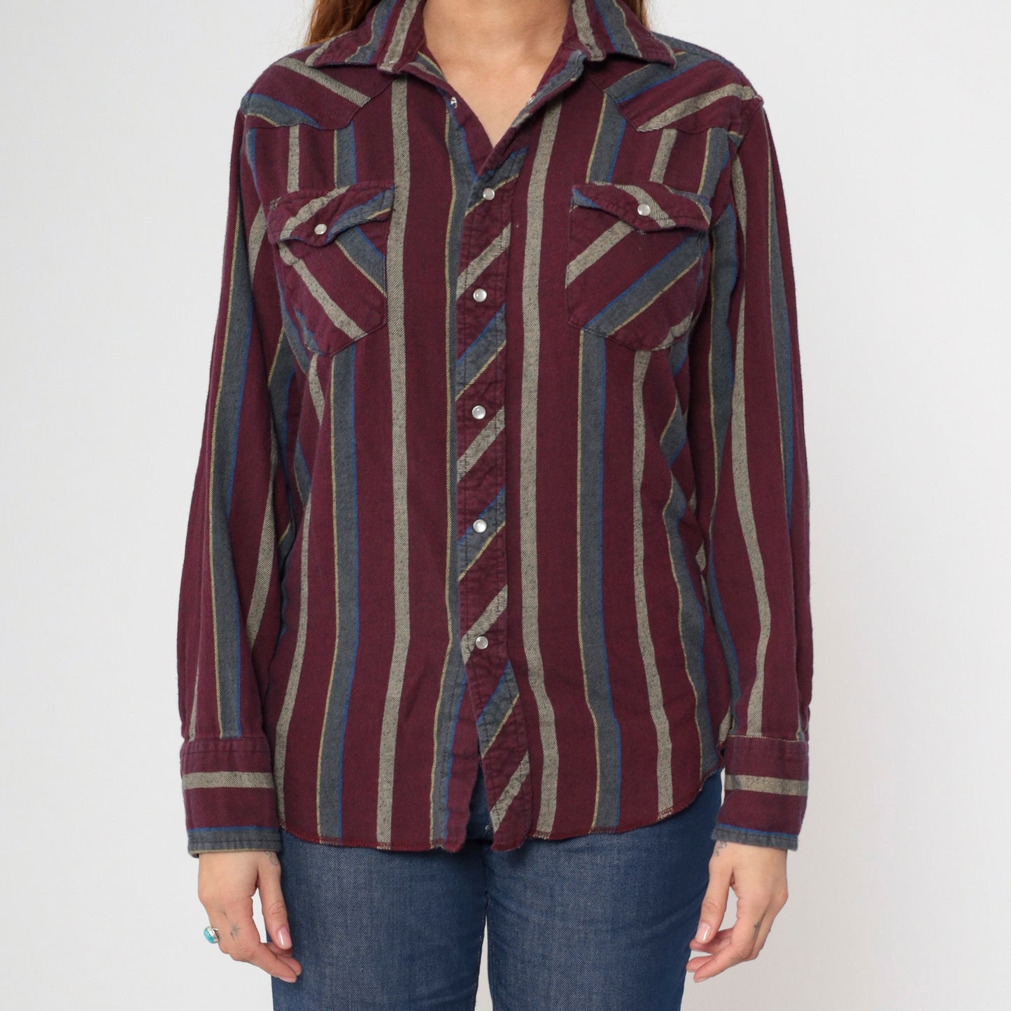 90s Wrangler Pearl Snap Western Shirt Burgundy Striped Medium