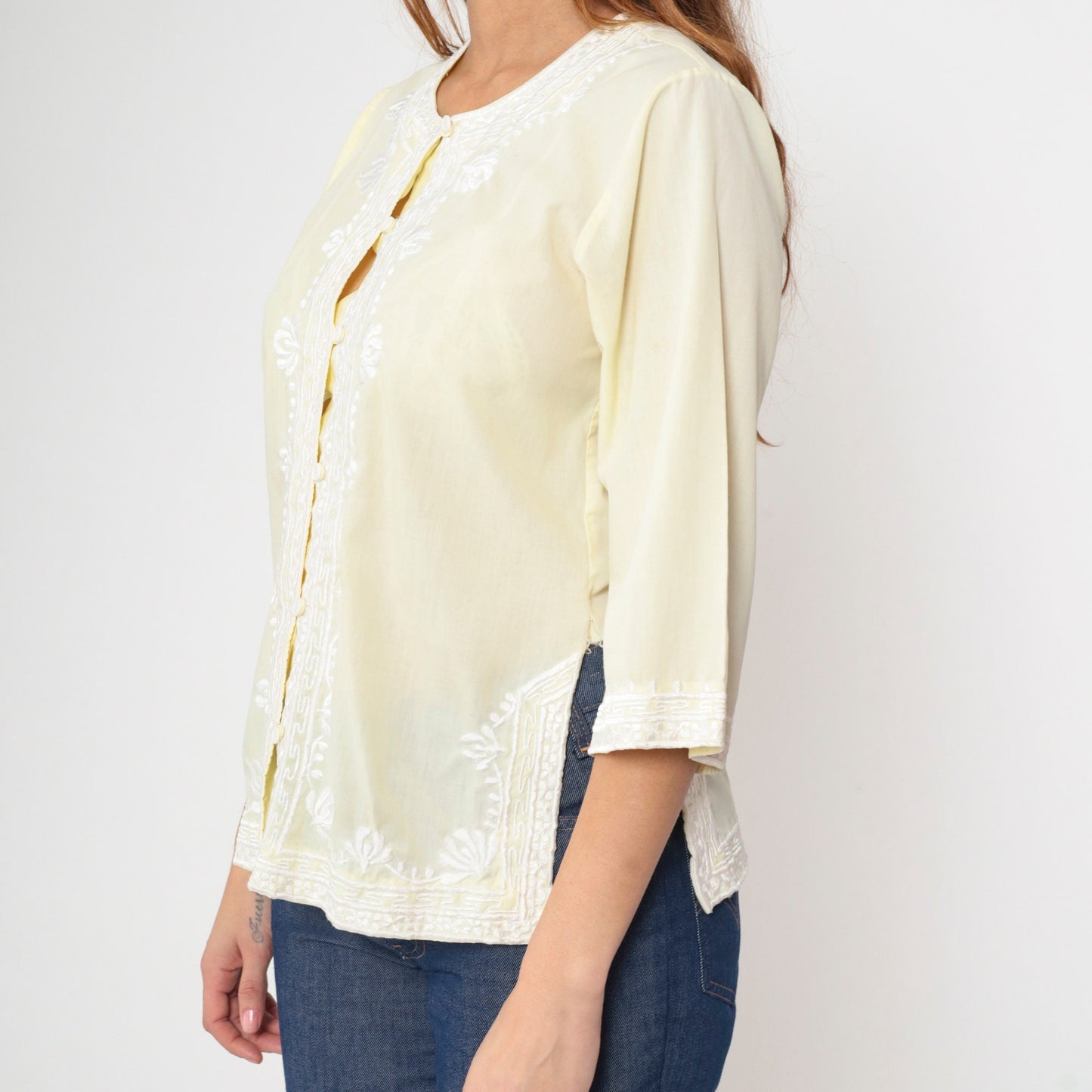 90s Yellow Floral Embroidered Button-Up Blouse 3/4 Sleeve Medium