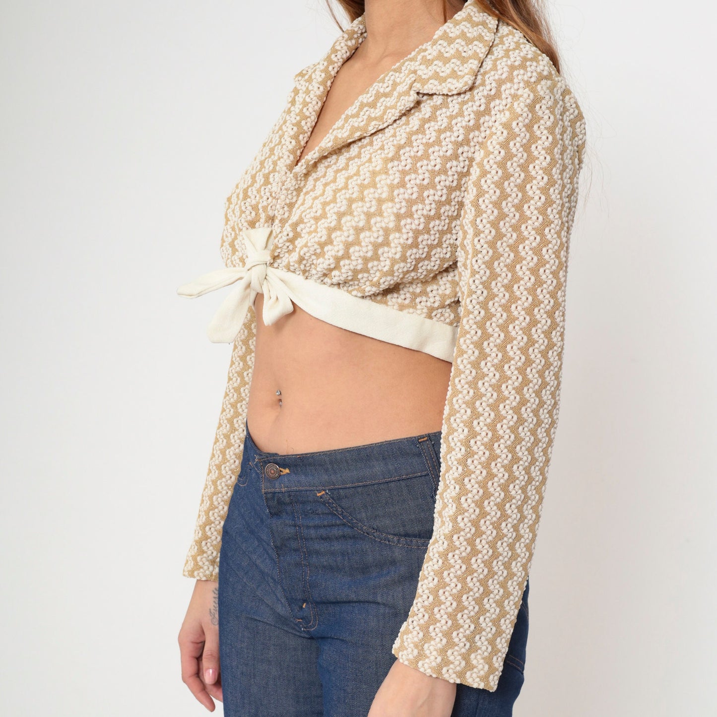 70s Gold Striped Metallic Crop Top Deep V Neck Long Sleeve Knit Medium