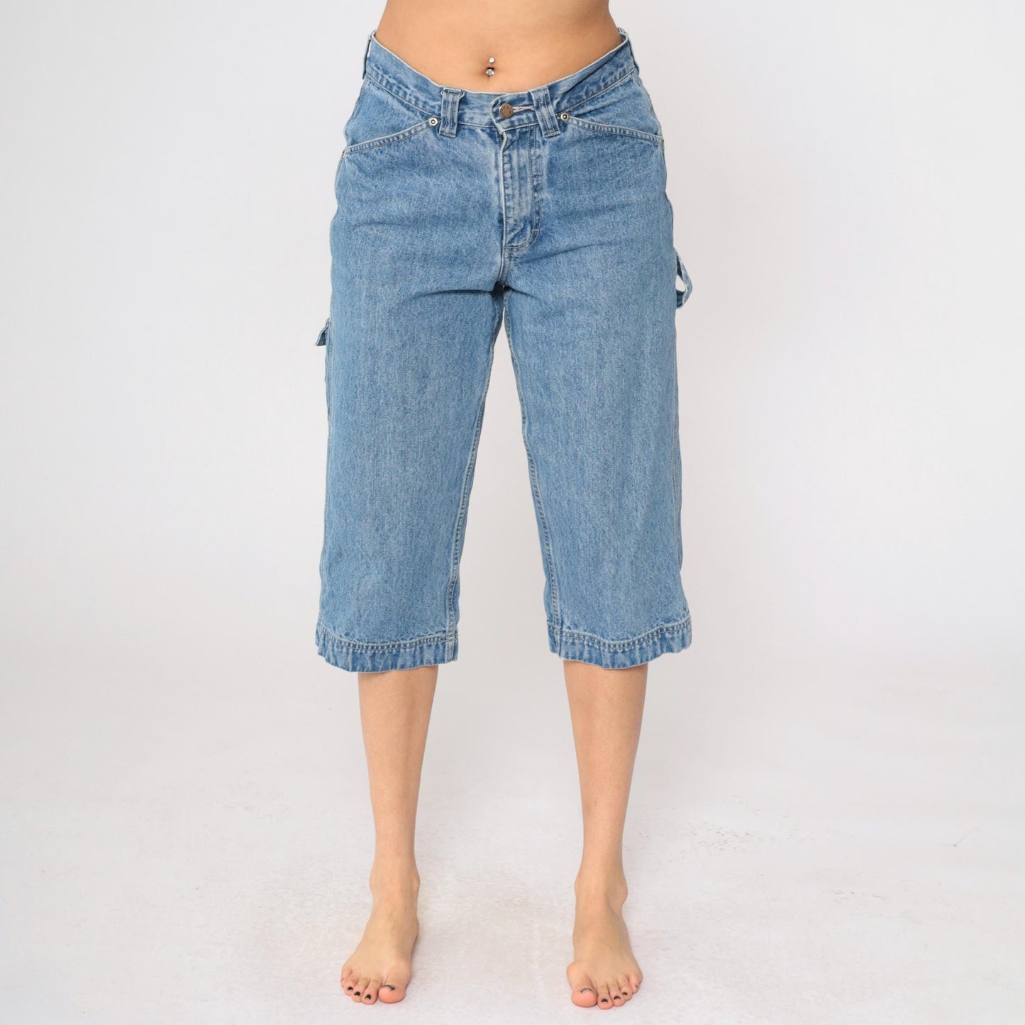 90s Riveted by Lee Capri Jeans Hammer Loop Straight Leg Blue Denim Medium 8