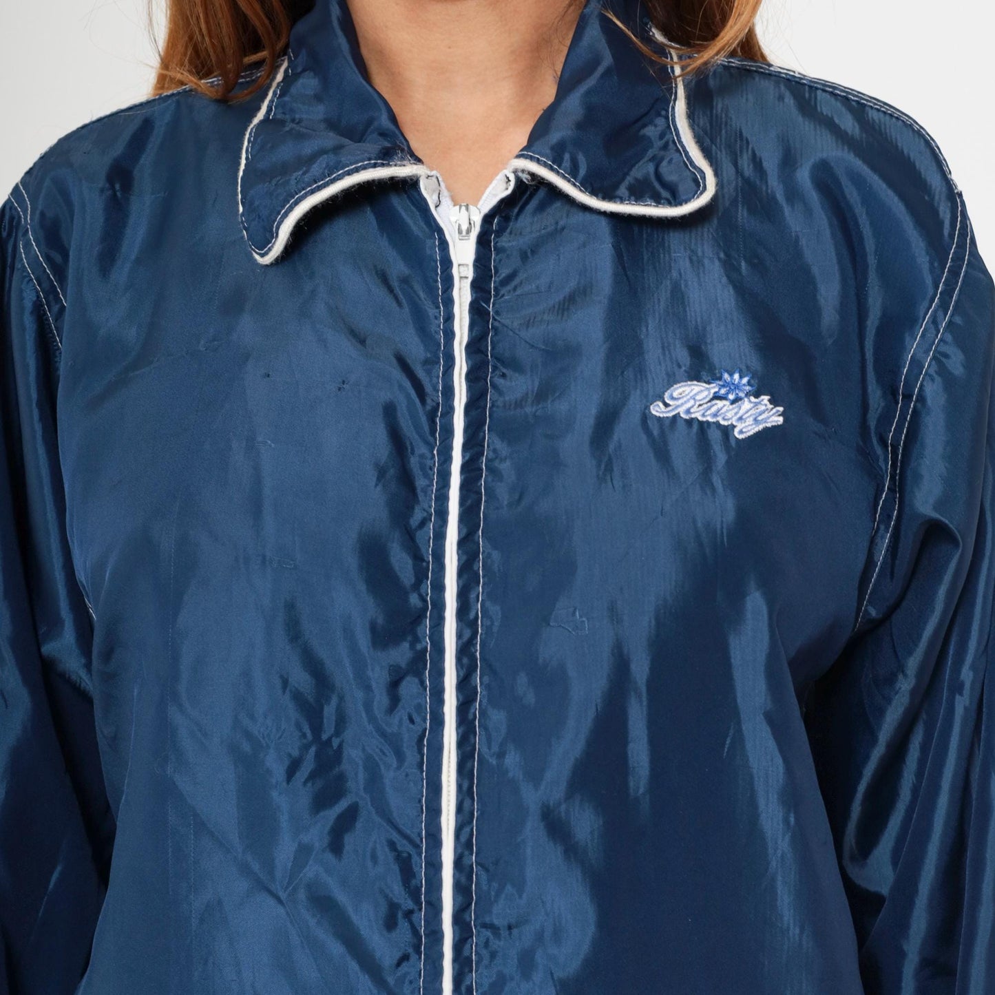 Y2K Rusty Windbreaker Jacket Navy Blue Zip Up Surfer Large L