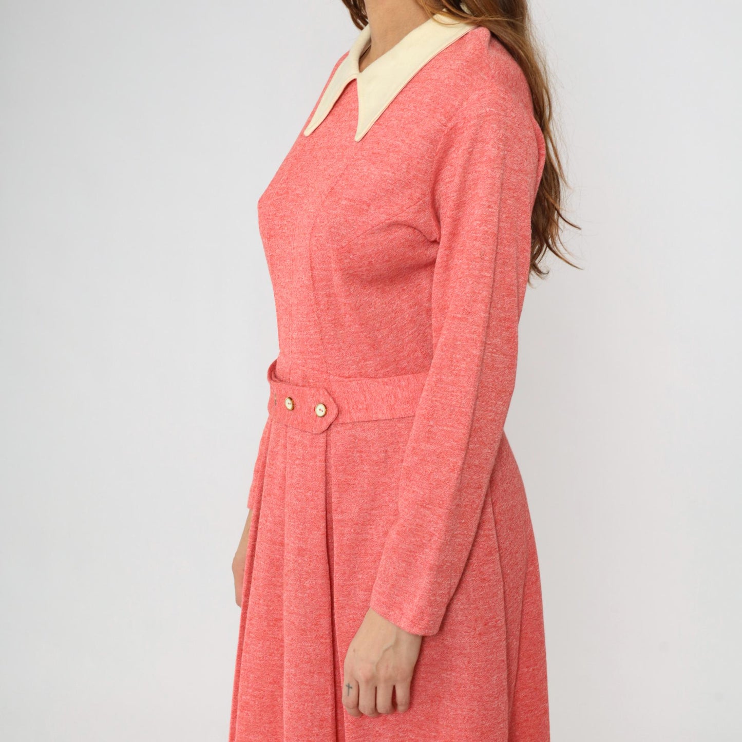 70s Mod Dress Pink Pleated Midi High Waist Contrast Collar Long Sleeve Large L
