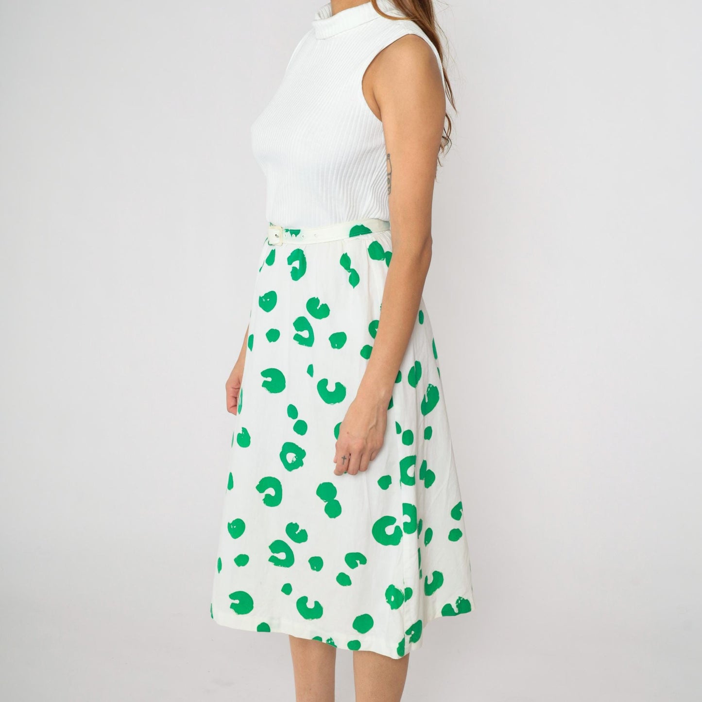 80s White Green Dot Midi Dress Mock Neck High Waist Belted Small