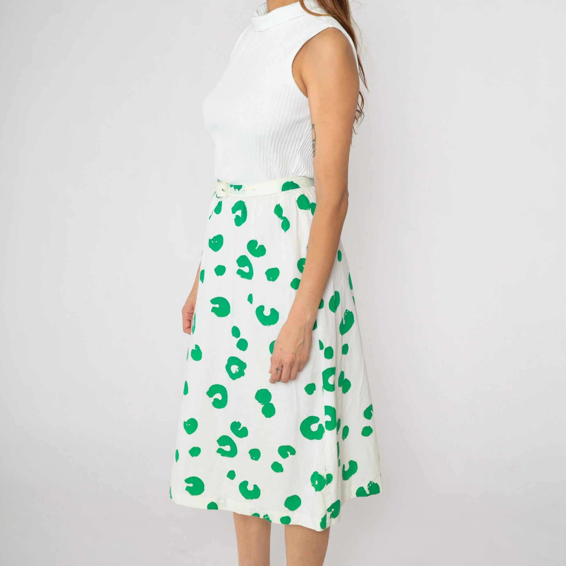 80s White Green Dot Midi Dress Mock Neck High Waist Belted Small