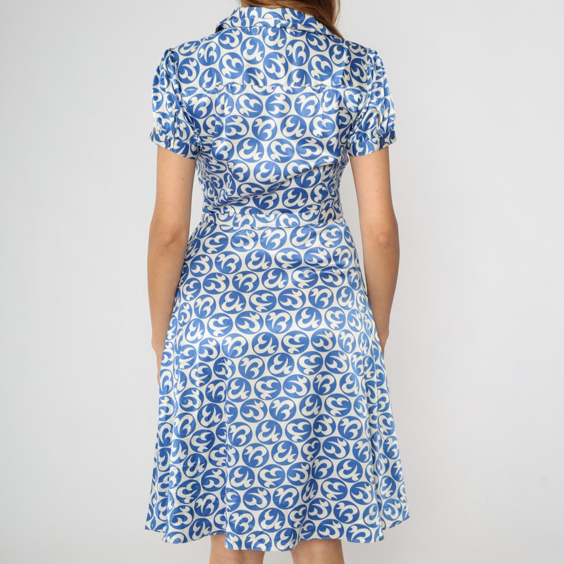 80s JG Hook Blue White Geometric Midi Shirt Dress Puff Sleeve Button Front Small
