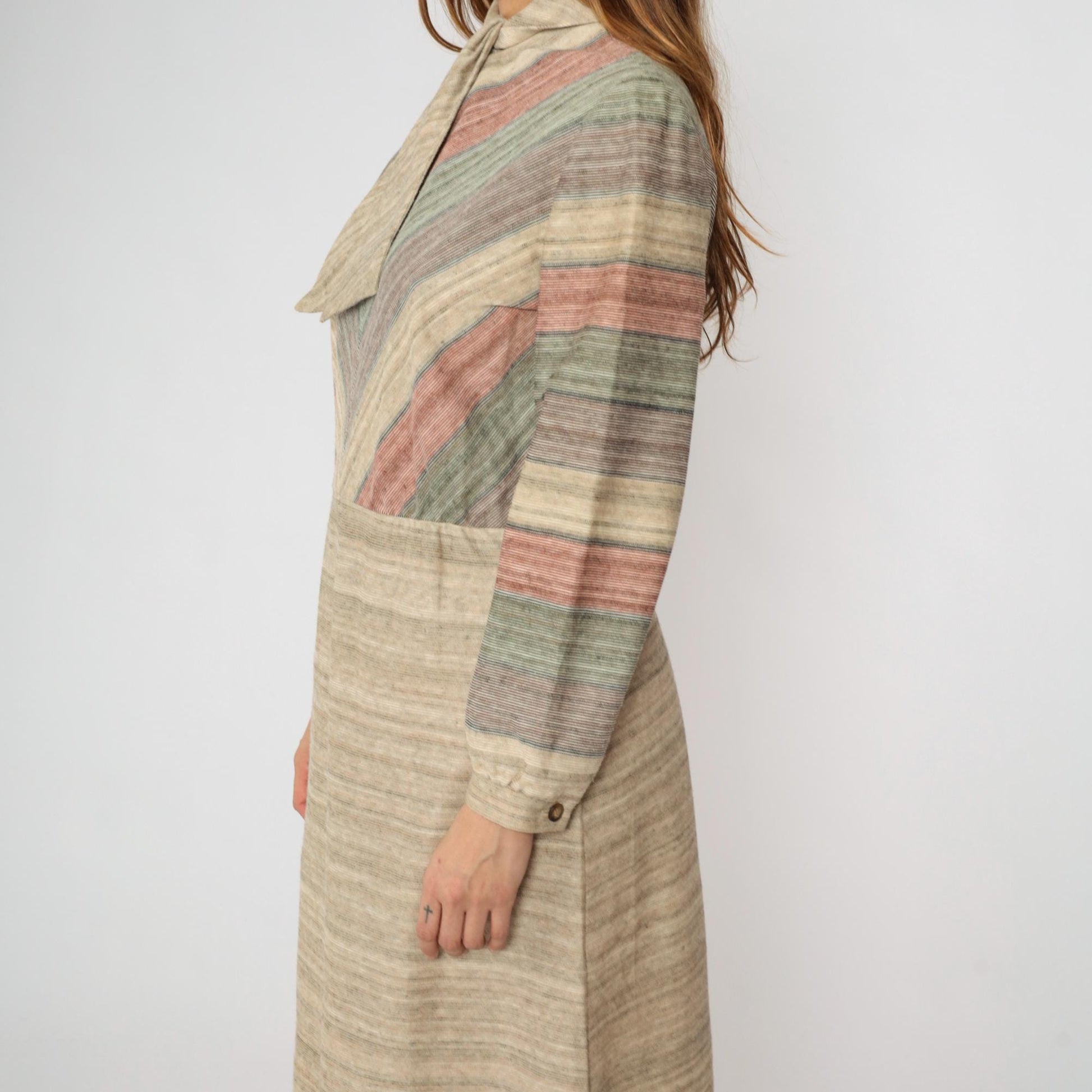 70s Kay Windsor Chevron Stripe Midi Dress Taupe Ascot Long Sleeve Medium Large