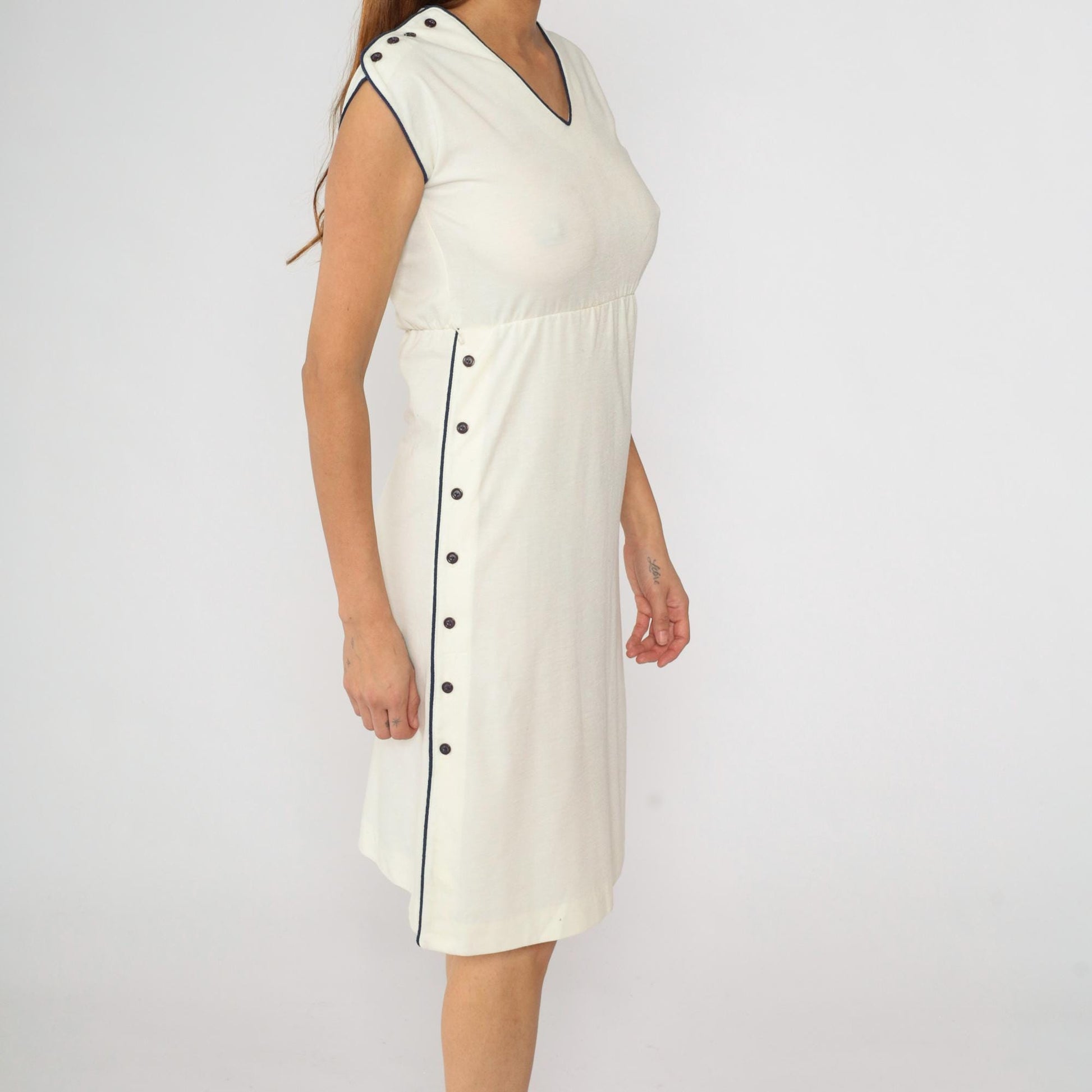 80s Lisette Cream Midi Dress Navy Piping V-Neck Cap Sleeve Extra Small