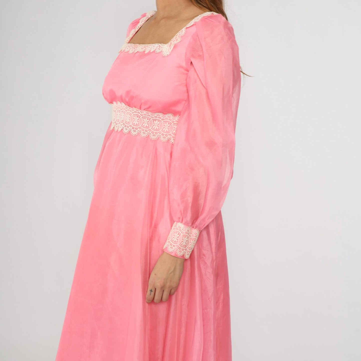 70s Pink Taffeta Evening Gown Puff Sleeve Square Neck Empire Waist Small