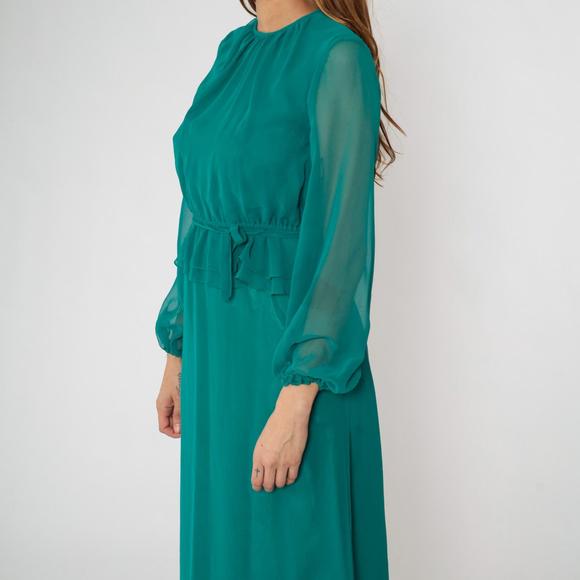 70s Teal Chiffon Maxi Dress High Waist Ruffle Sheer Sleeves Small