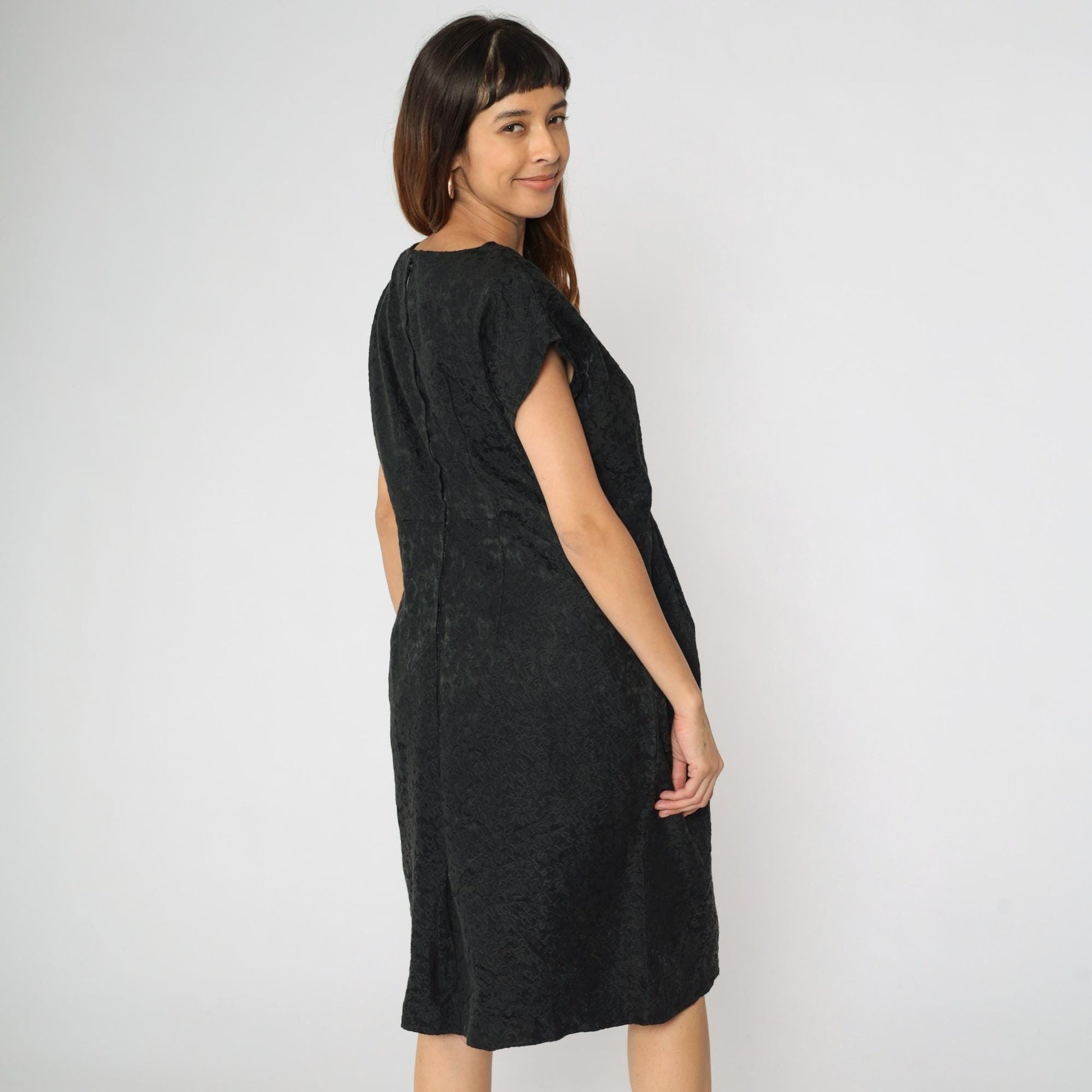 60s Black Brocade Sheath Dress Floral Cap Sleeve Midi Large L