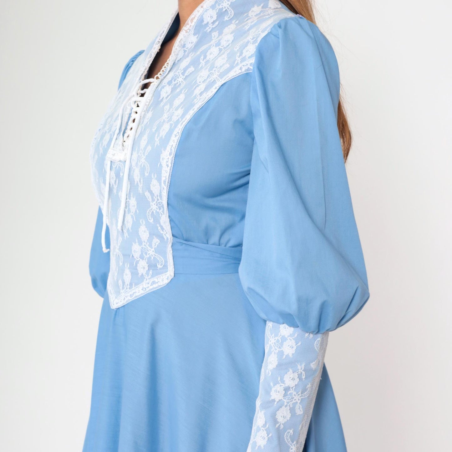 70s Blue Prairie Maxi Dress Lace Bib Puff Sleeve Lace-Up Small