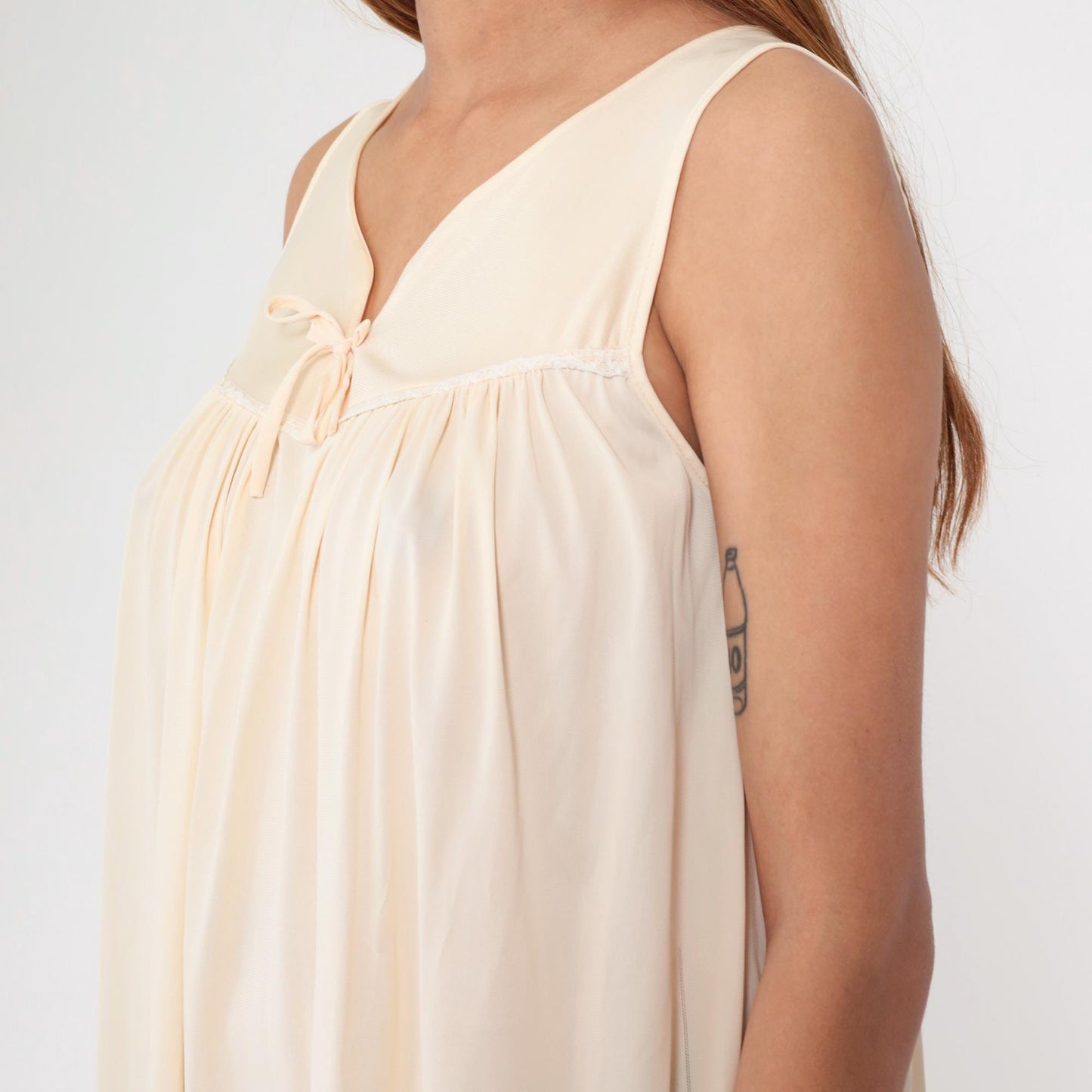 70s Peach Nylon Nightgown Bow Neck Sleeveless Tent Trapeze Midi Medium