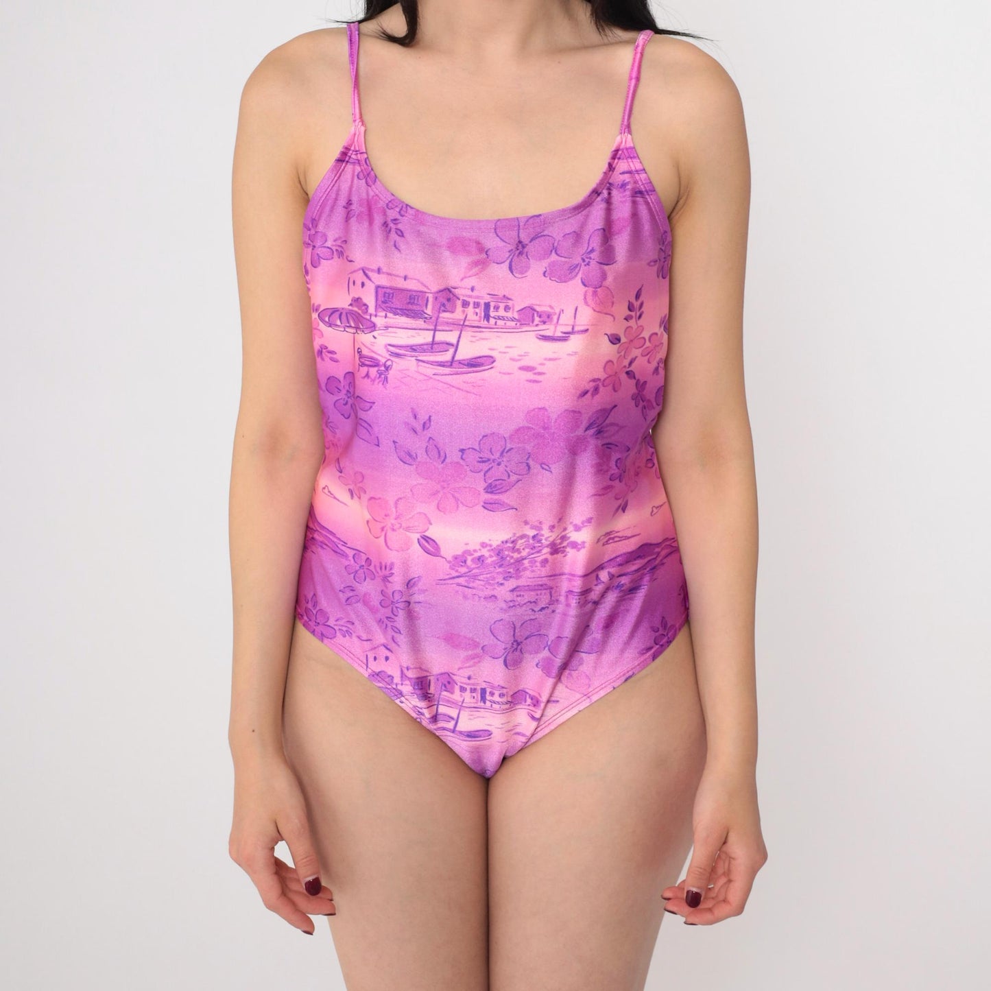 90s Islander Tropical Floral One-Piece Swimsuit Purple Pink Ombre Large