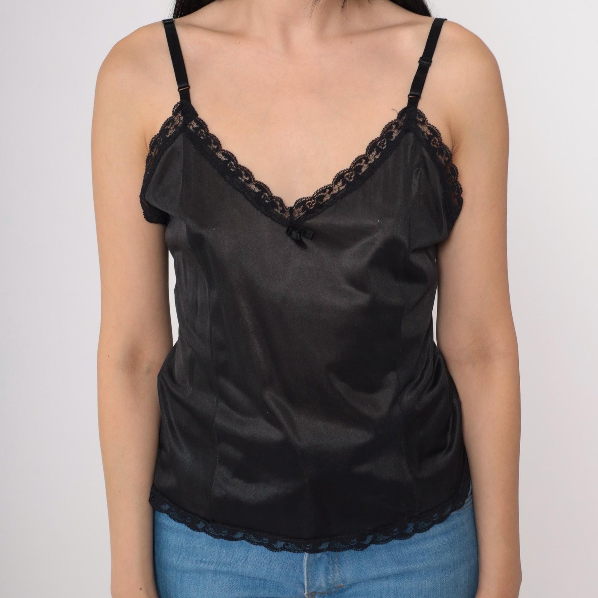 90s Black Camisole Lace Trim V-Neck Nylon Cami Top Small