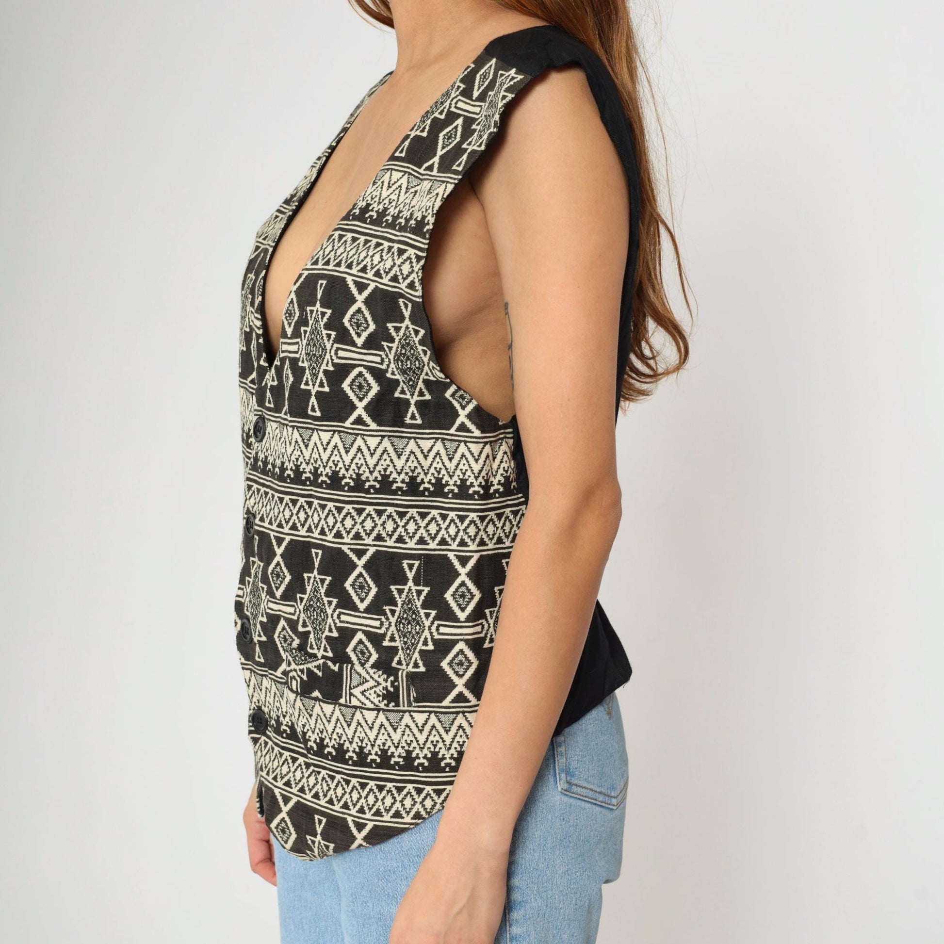 90s Southwestern Tapestry Vest Men's Button Up Sleeveless Black Cream Geometric Large L