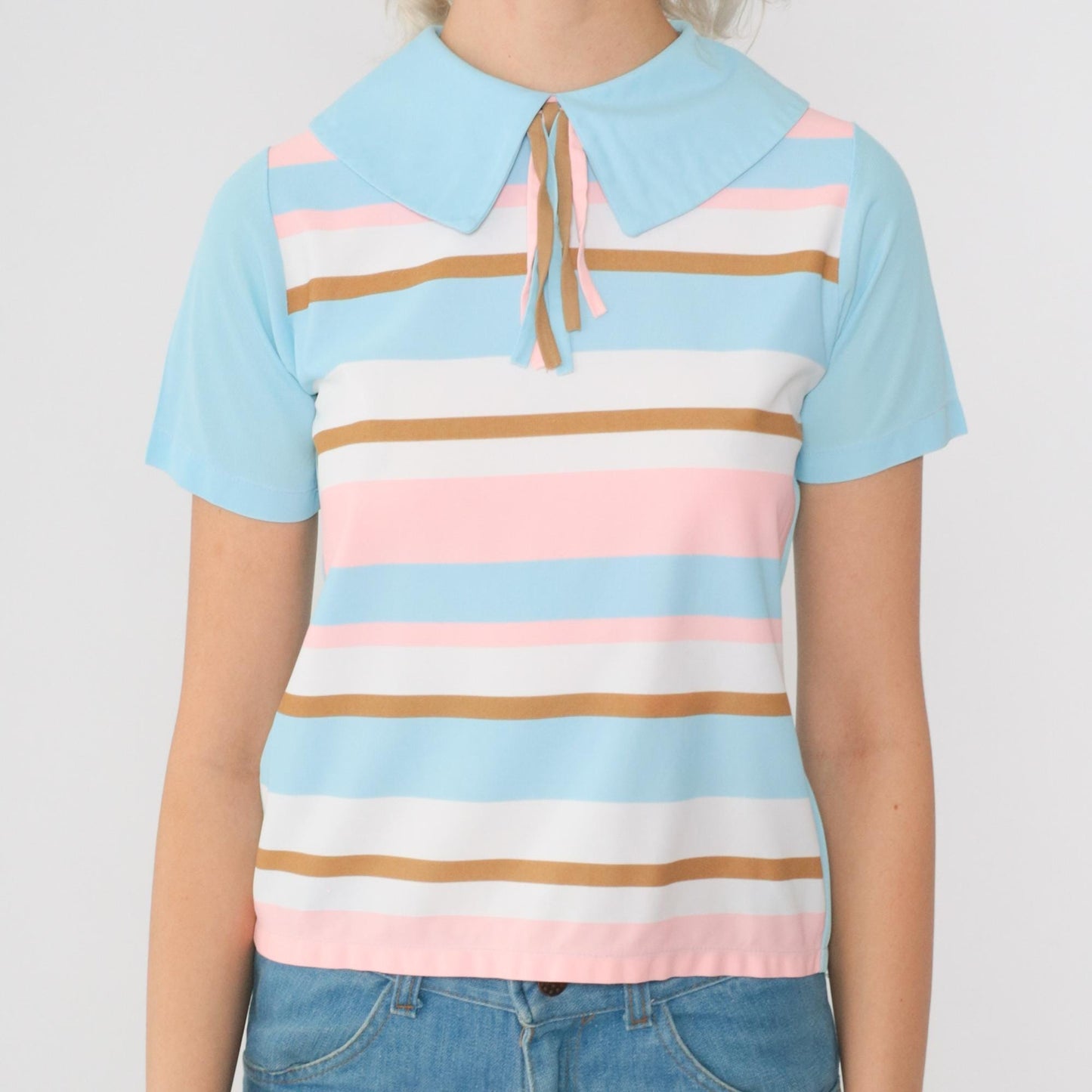 60s Striped Blouse Pilgrim Collar Tassel Neckline Blue Pink Brown Extra Small