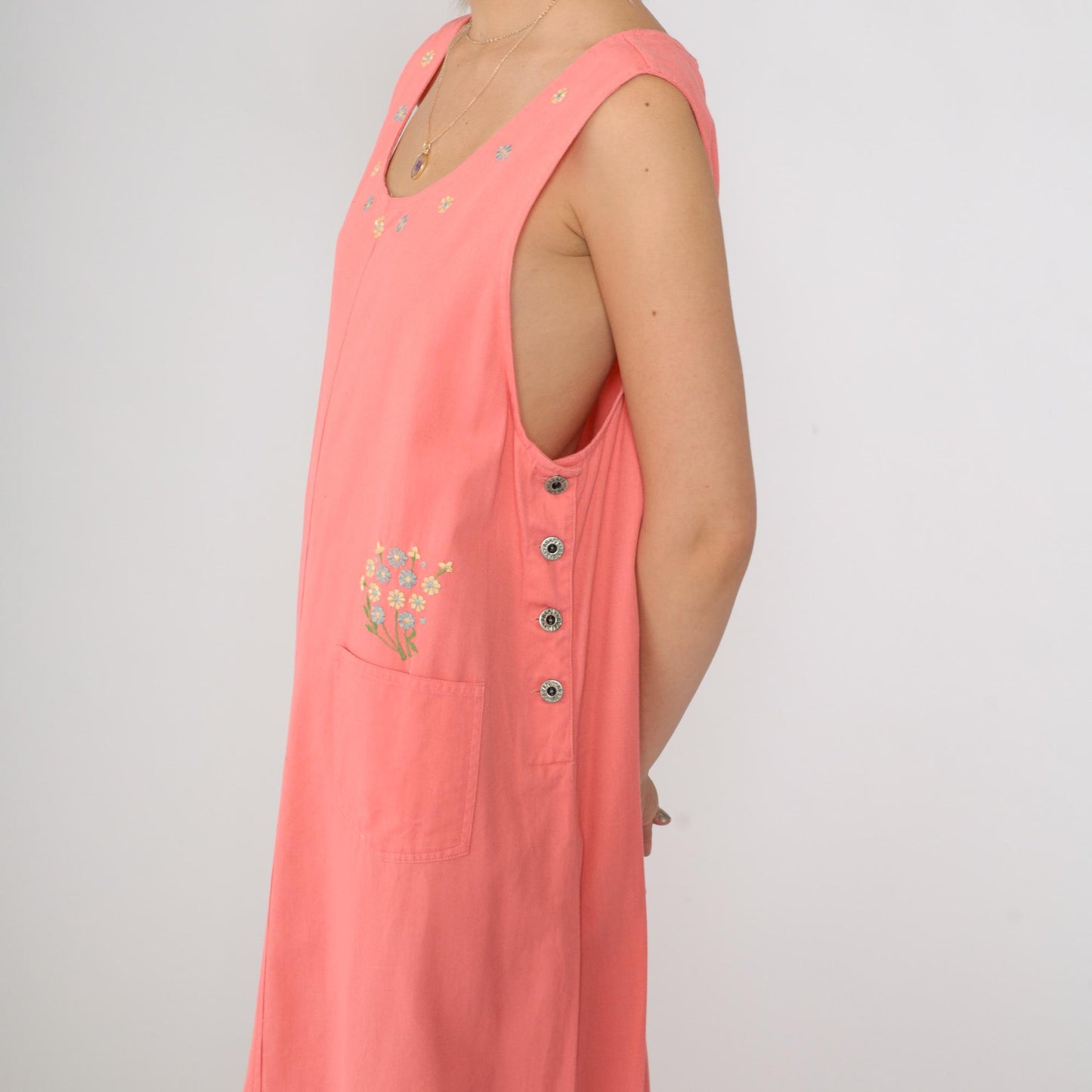 90s Pink Floral Embroidered Cotton Maxi Dress Sleeveless Large L